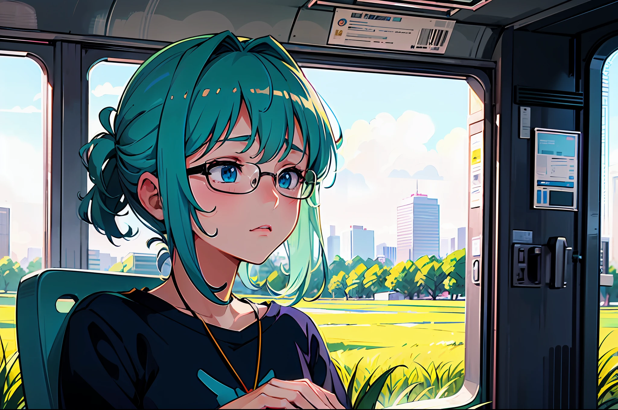 a college girl with glasses sitting on wide grass field, rainbow dyed hair, blue shirt, side view, sad face, tired, city scape lofi portrait, digital anime illustration, detailed digital anime art, anime portrait, anime moe artstyle, realistic anime art style, anime realism style, semirealistic anime style, anime character portrait, high quality anime artstyle