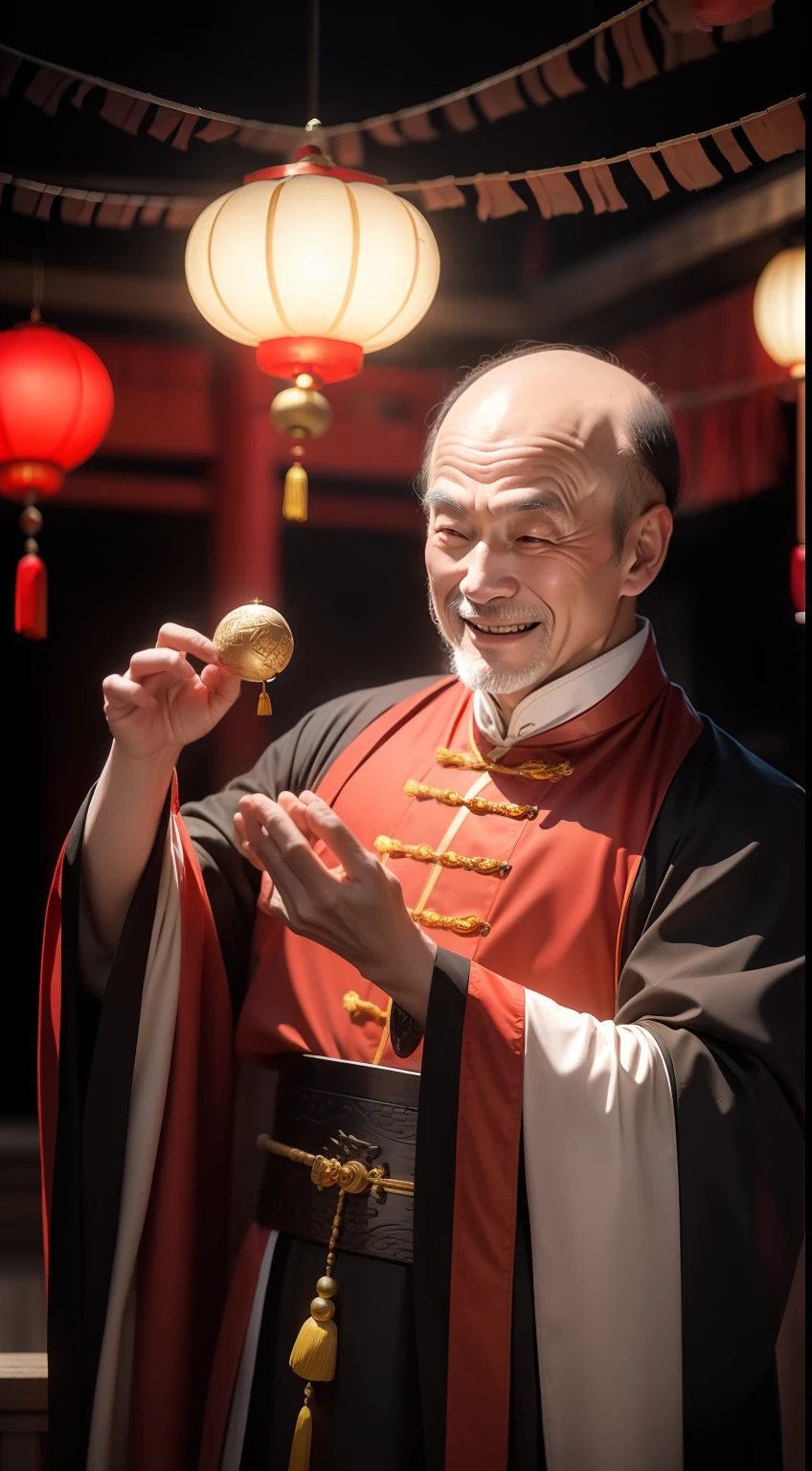 Han Chinese，A balding old man wearing a traditional Chinese cassock，Holding a handful of gold ingots，grin，red colour，jubilation，a cassock，Temple，k hd，真实感，超高分辨率，Prayer beads，fortune，fortune，Wishing you prosperity，money，