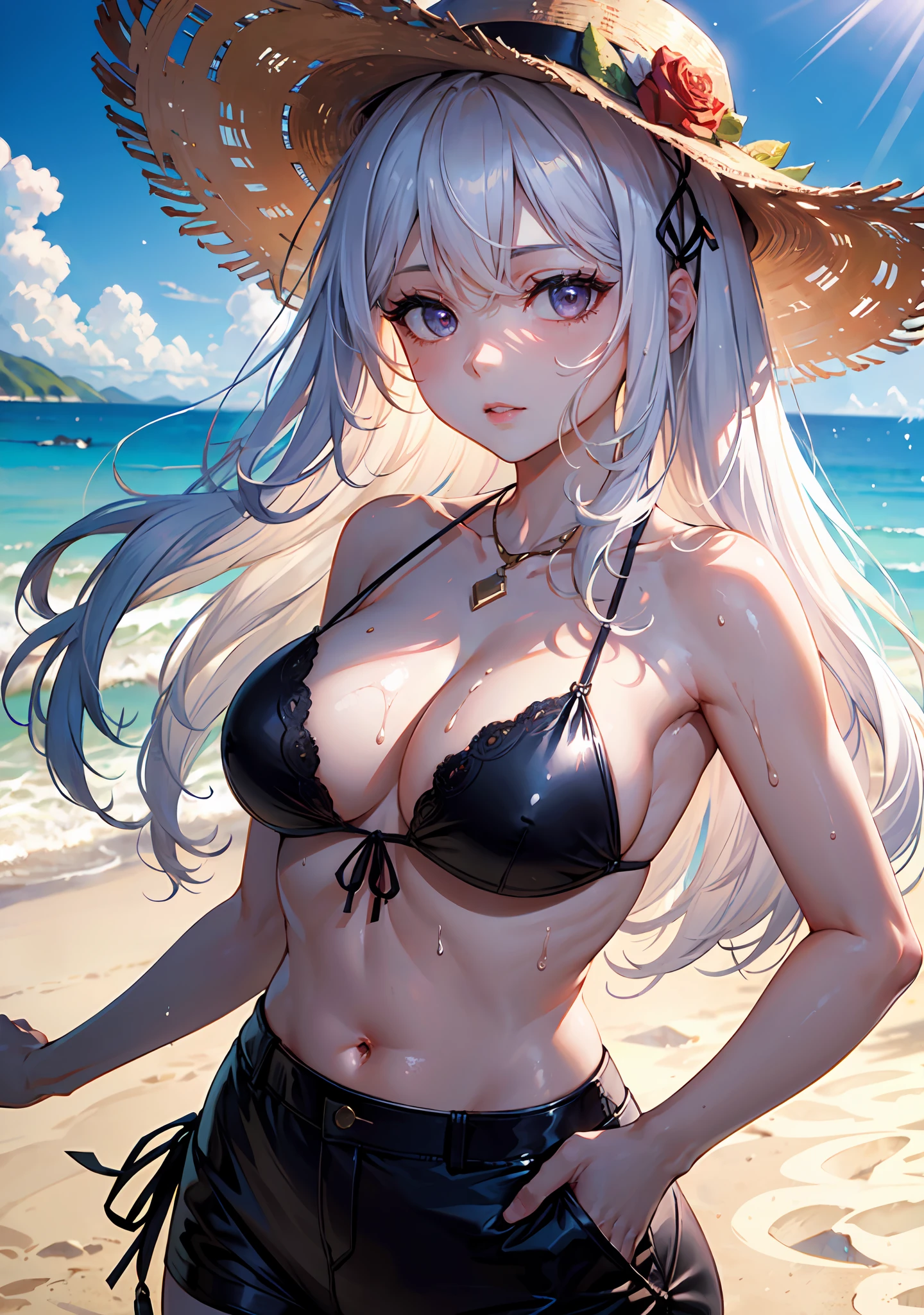 (masterpiece:1.2, best quality), (1lady, solo, upper body:1.2), Clothing: white floral pattern bikini, wide-brimmed hat, strappy sandals, Accessories: shell necklace, tinted sunglasses, Hair: loose beach waves, white hair, Makeup: natural, glowing skin, Behavior: relaxed, carefree, free-spirited, Location: beach, resort, outdoor festival, purple eyes, average breasts, soaking wet, (beautiful detailed face, beautiful detailed eyes), (sunbeam, sunlight, rose, wind)