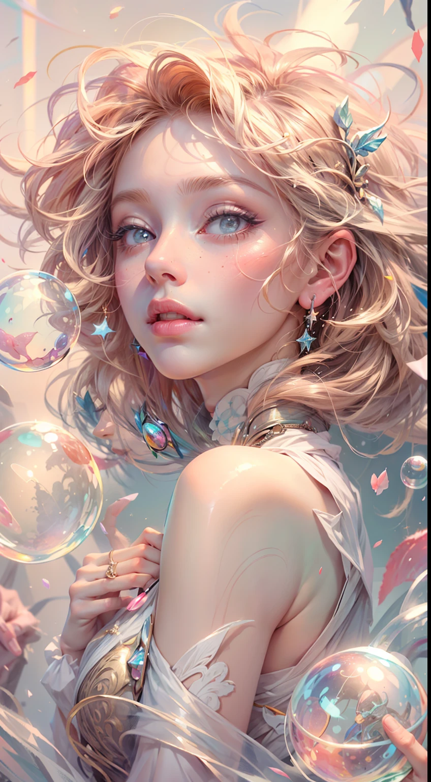 ((masterpiece)). This artwork is dreamy and ethereal, with soft pink watercolor hues. Generate a delicate magic woman exploring a bubblegum world with a wide variety of pastel shades. Her sweet face is extremely detailed and realistic with elegant, mature features, and puffy, big lips and stunning, highly realistic eyes. Her eyes are important and should be realistic, highly detailed, and beautiful. In high definition and detail, include lots of details like stars, galaxies, colorful bubbles, colorful petals, and lots of energy and emotion! The stars and colorful bubblegum bubbles are important! Include fantasy details, enhanced details, iridescence, colorful glittering wind, and pollen. Pay special attention to her face and make sure it is beautifully and realistically detailed. The image should be dreamy and ethereal.8k, intricate, elegant, highly detailed, majestic, digital photography