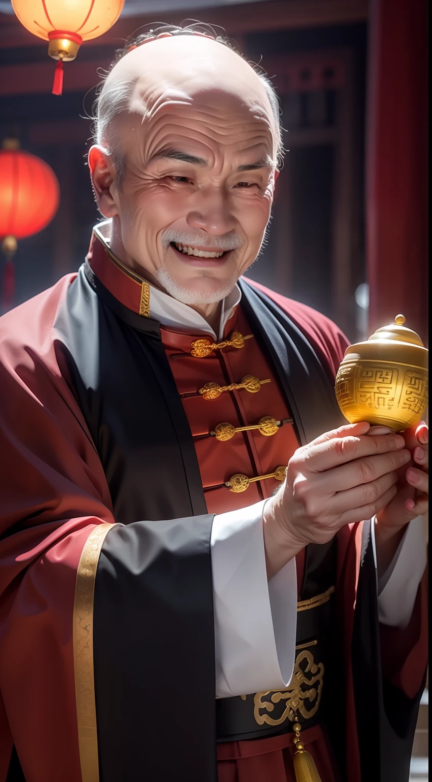 Han Chinese,A balding old man wearing a traditional Chinese cassock,Holding a handful of gold ingots,grin,red colour,jubilation,a cassock,Temple,k hd,真实感,超高分辨率,Prayer beads,fortune,fortune,Wishing you prosperity,money,