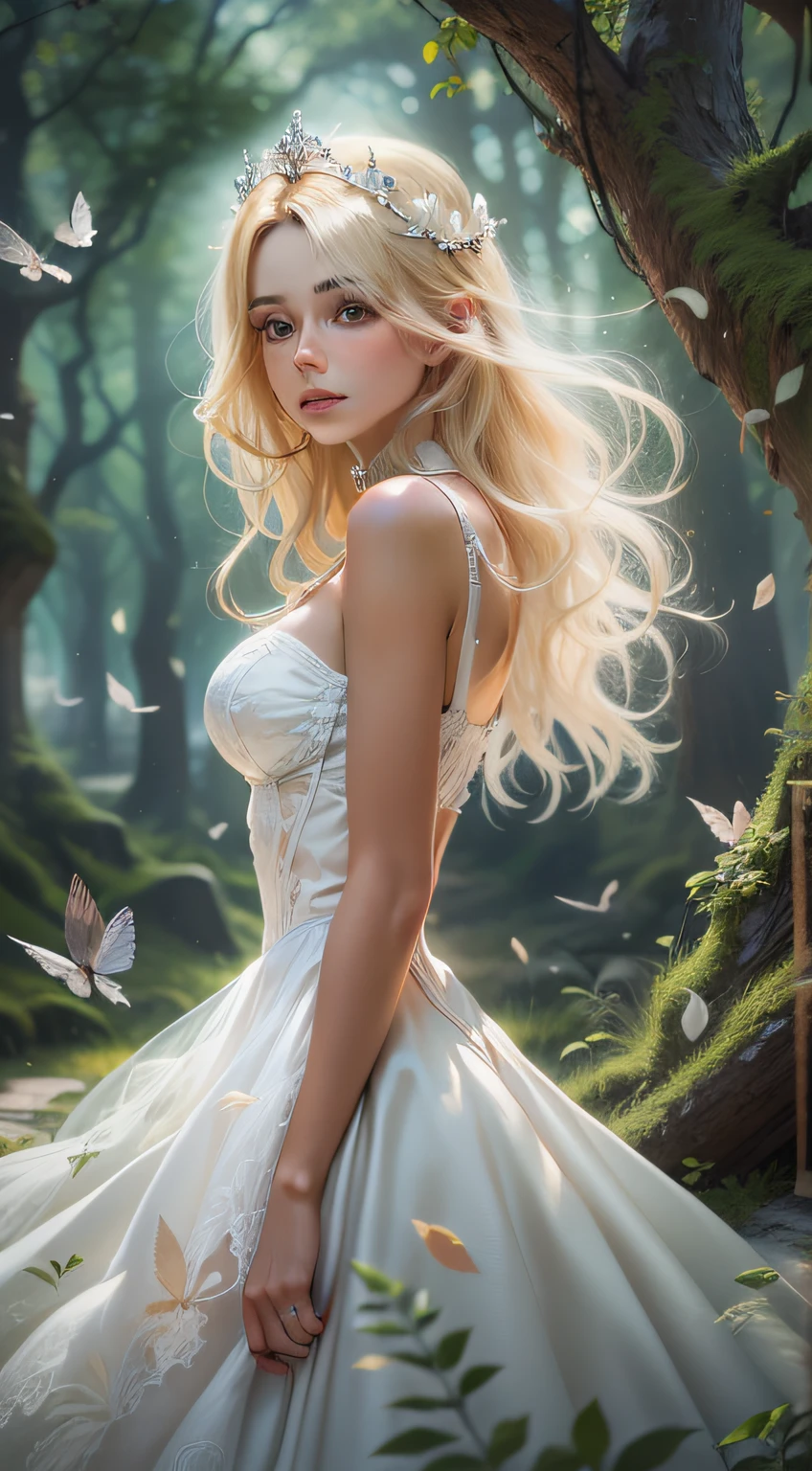 Create a masterpiece with the best quality and ultra details, featuring a stunning lady with blonde hair. She is wearing a jaw-dropping white dress straight out of a fairy tale. The scene is set in a magical and enchanted forest
