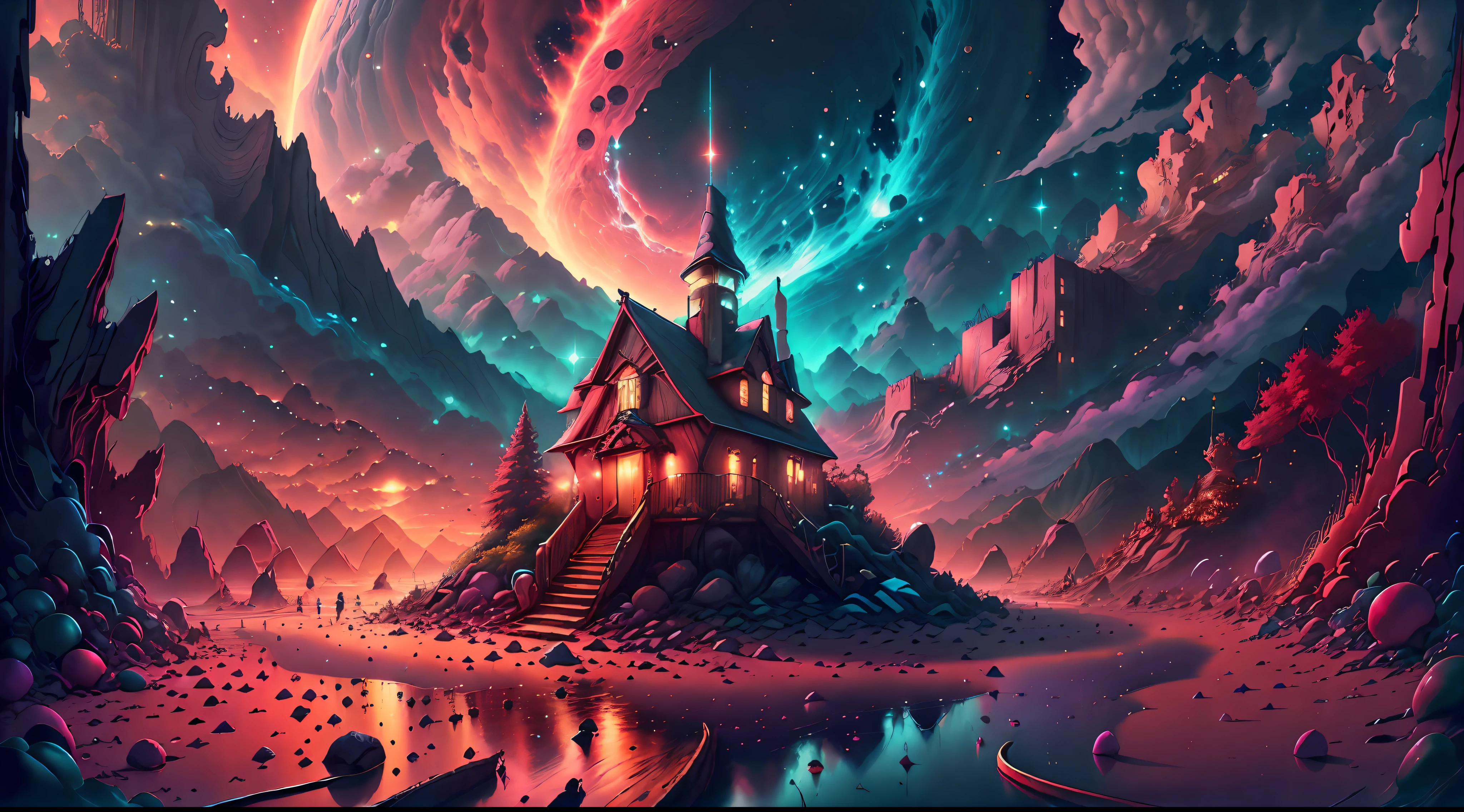 fantasy00d, Pastels artwork,  landscape of a Mythical [Geneva:Beach house:3]  and Belle poque Red Dwarf, at Sunset, Energetic, 50s Art, Cathode tube, (art by Abram Efimovich Arkhipov:0.8),