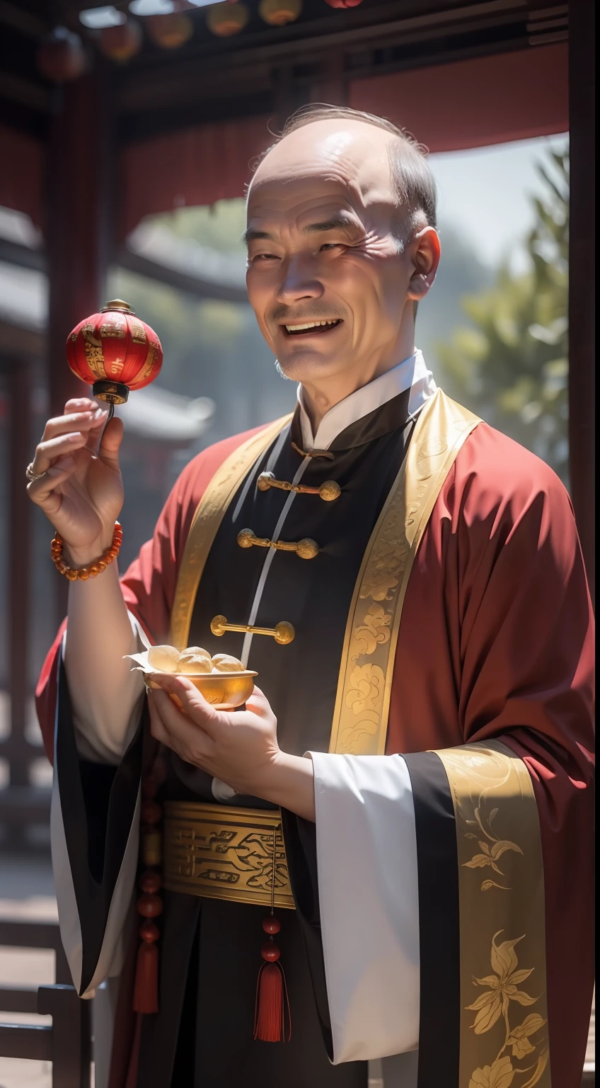 Han Chinese,A balding old man wearing a traditional Chinese cassock,Holding a handful of gold ingots,grin,red colour,jubilation,a cassock,Temple,k hd,真实感,超高分辨率,Prayer beads,fortune,fortune,Wishing you prosperity,money,