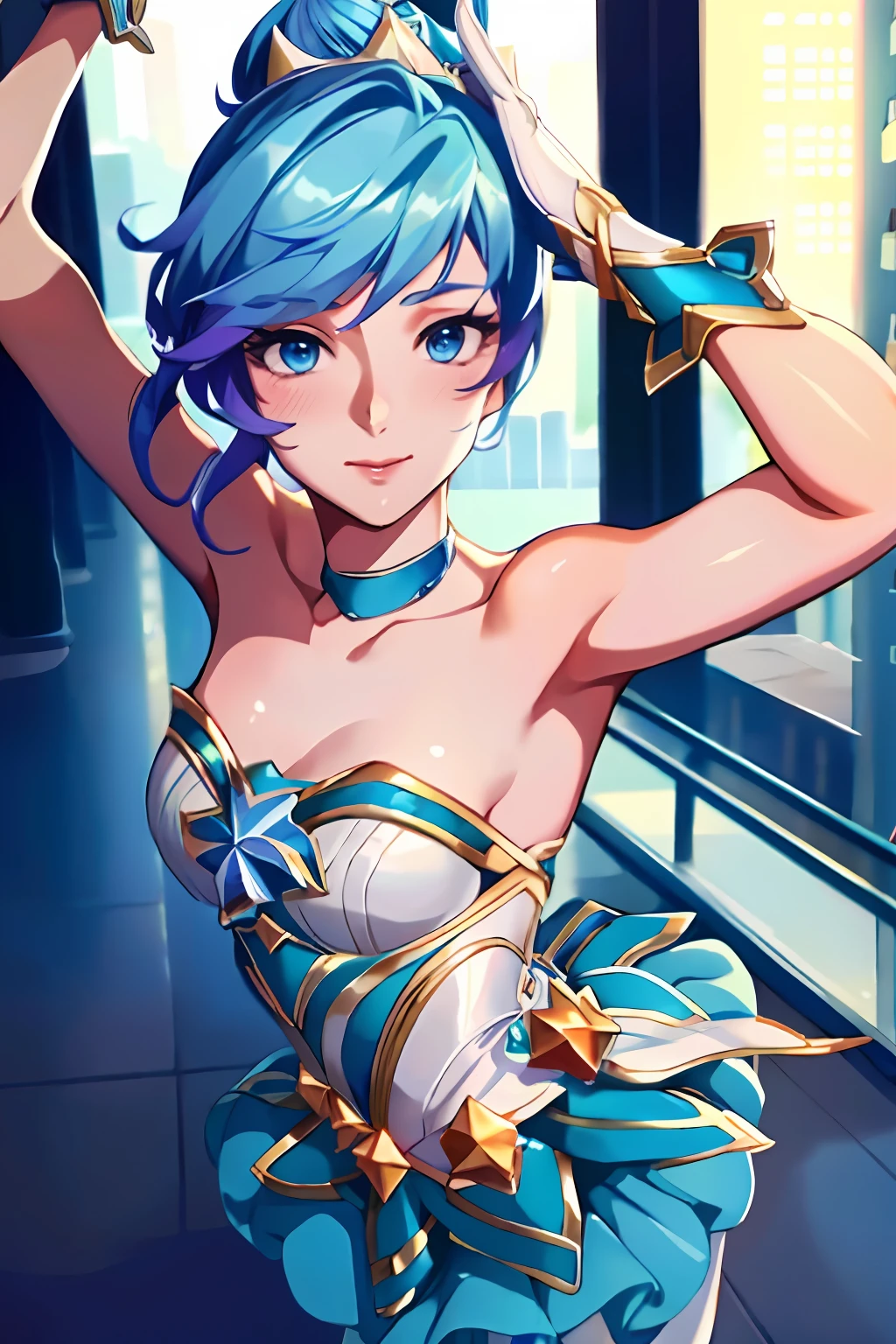 （tmasterpiece：1.4），（best qualtiy：1.2），star guardian orianna，blue  hair，hair-bun，A ballet dancer，short  skirt，whitegloves，ssmile，The upper part of the body，the street，up-close