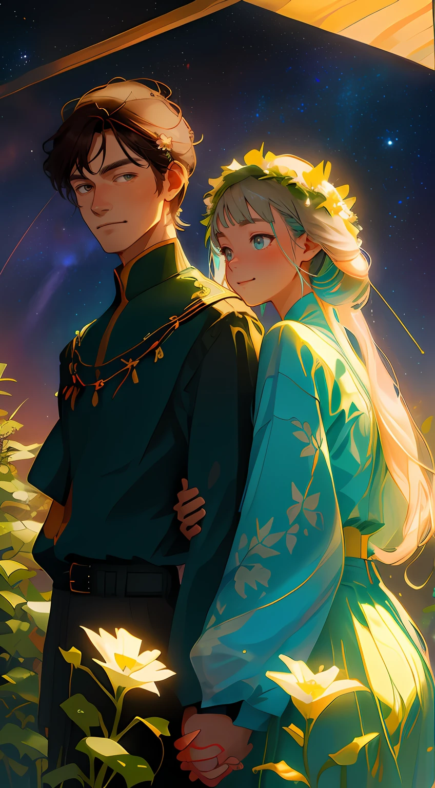 tmasterpiece, hiquality, Guy and girl holding hands, Ukrainian symbols, Ukrainian national costumes, Boho style,In transparent, neon garland, night time, neon lights, romance, happiness, Love,Lovers, holiday, Plants, a starry sky, galaxy, Magic reigns around them, Magic, Flowers, fern, Beautiful sunset, merriment, Floral arrangements, wreaths of flowers on the head, woods, Flower glade, willow, willow, willow, 8K, Colorful, full color drawing,