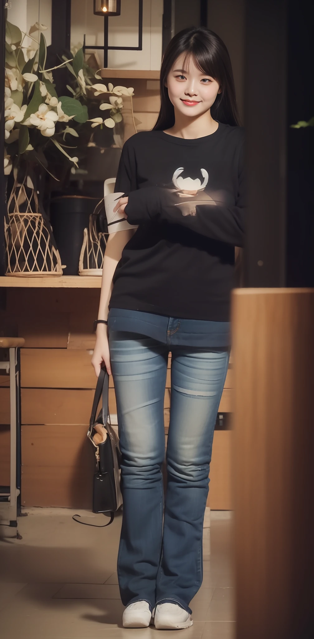 Zhu Ai_Villas,RAW photos,Brand photos,(highdetailskin:1.2),8k ultra high definition,digital SLR camera,gentlesoftlighting,high high quality,filmgrain,富士XT3,20 years old Asian woman,Wear simple clothes,T-shirt and skinny jeans,Detailed clothing details:1.3,perfect body figure,Super detailed facial details and skin,Fair and tender face and skin,二重まぶた,Super detailed eyes,fully body photo