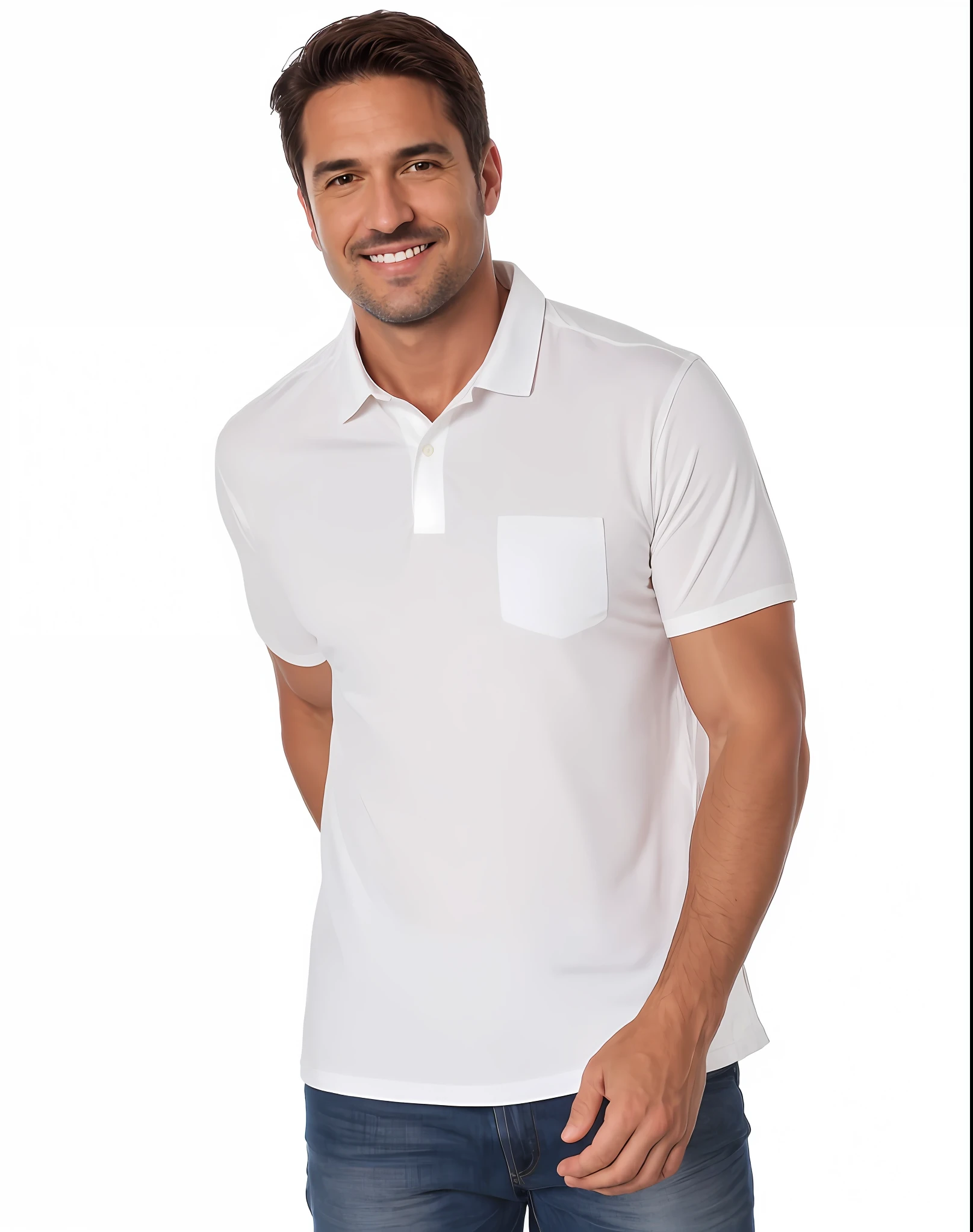 1 homem, um homem musculoso de 25 anos vestindo camisa pola branca , Camera studio with 3 flashes, soft-lighting, obra-prima, melhor qualidade, 8k uhd, dslr, grain of film, pintura fotorrealista Fujifilm XT3 arte de midjourney e greg rutkowski