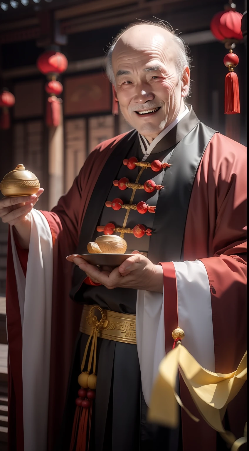 Han Chinese，A balding old man wearing a traditional Chinese cassock，Holding a handful of gold ingots，grin，red colour，jubilation，a cassock，Temple，k hd，真实感，超高分辨率，Prayer beads，fortune，fortune，Wishing you prosperity，money，