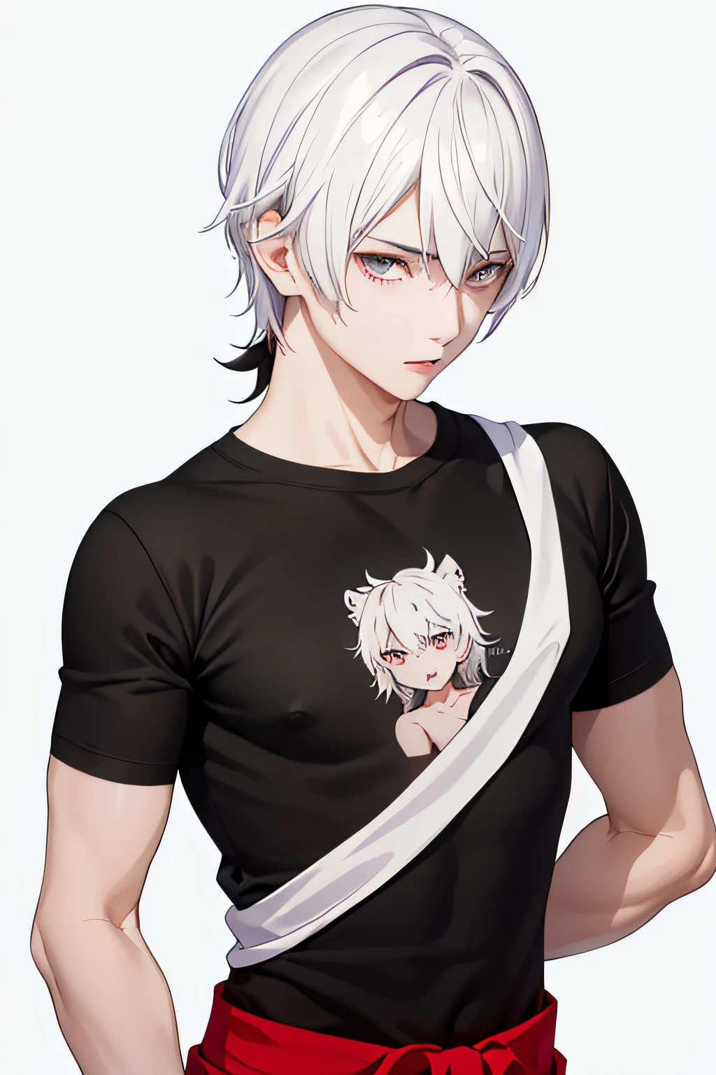 masterpiece, top-quality, hightquality, 1 juvenile, 独奏, Male Focus, Look at viewers, a black T-shirt,The upper part of the body, tsukasa_eishi, white_hair