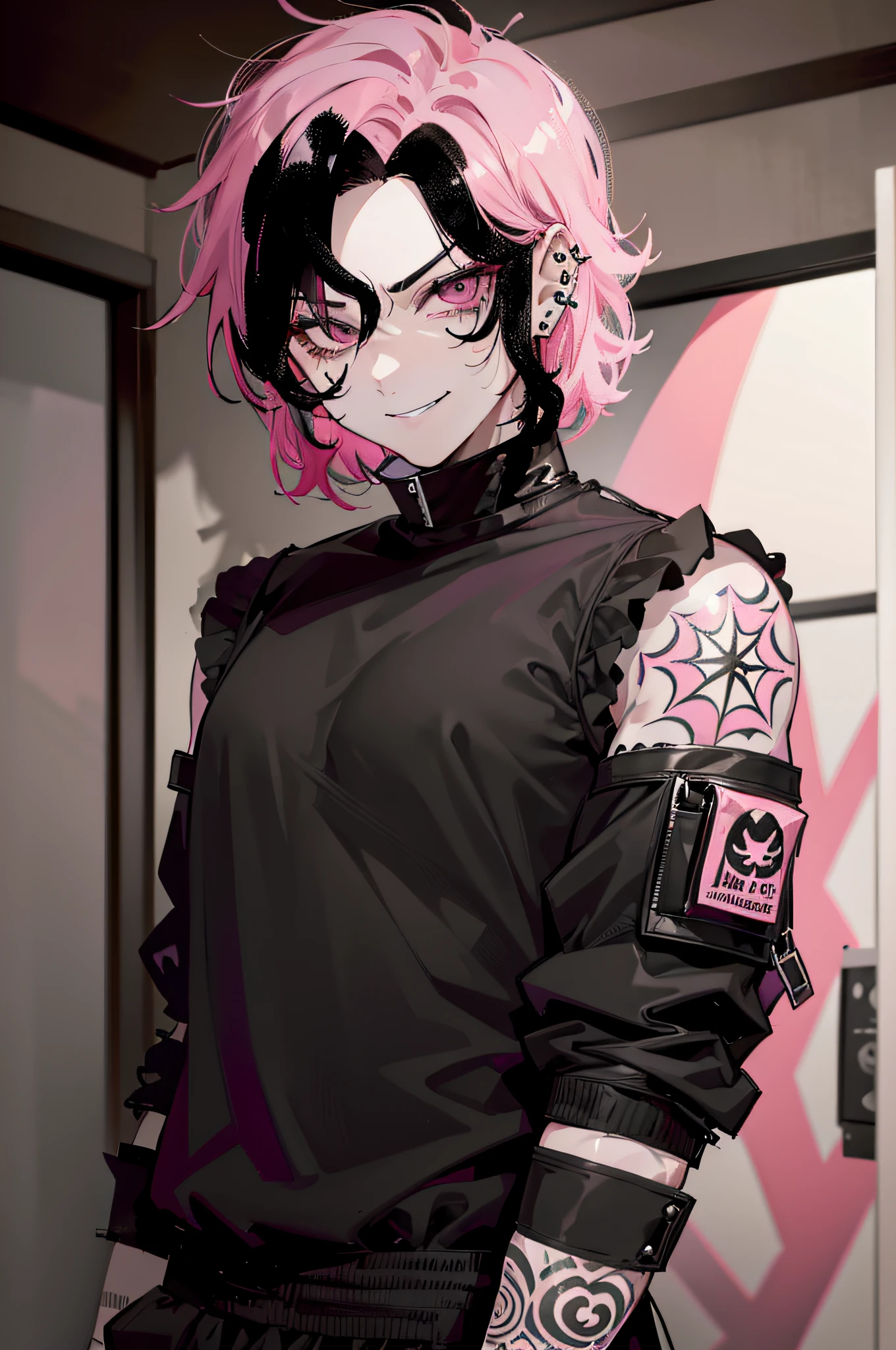 1 guy, 1 person,  ((Pink Hair Color| black hair color)) ,((Black bangs)) Short hair, body piercings, Smile, vulgar,(( 独奏))), Evil eyebrows, cheeky, (gray eyes) wicked smile, Evil Look, Evil eyebrows,  Latex tattoo, pink shirt