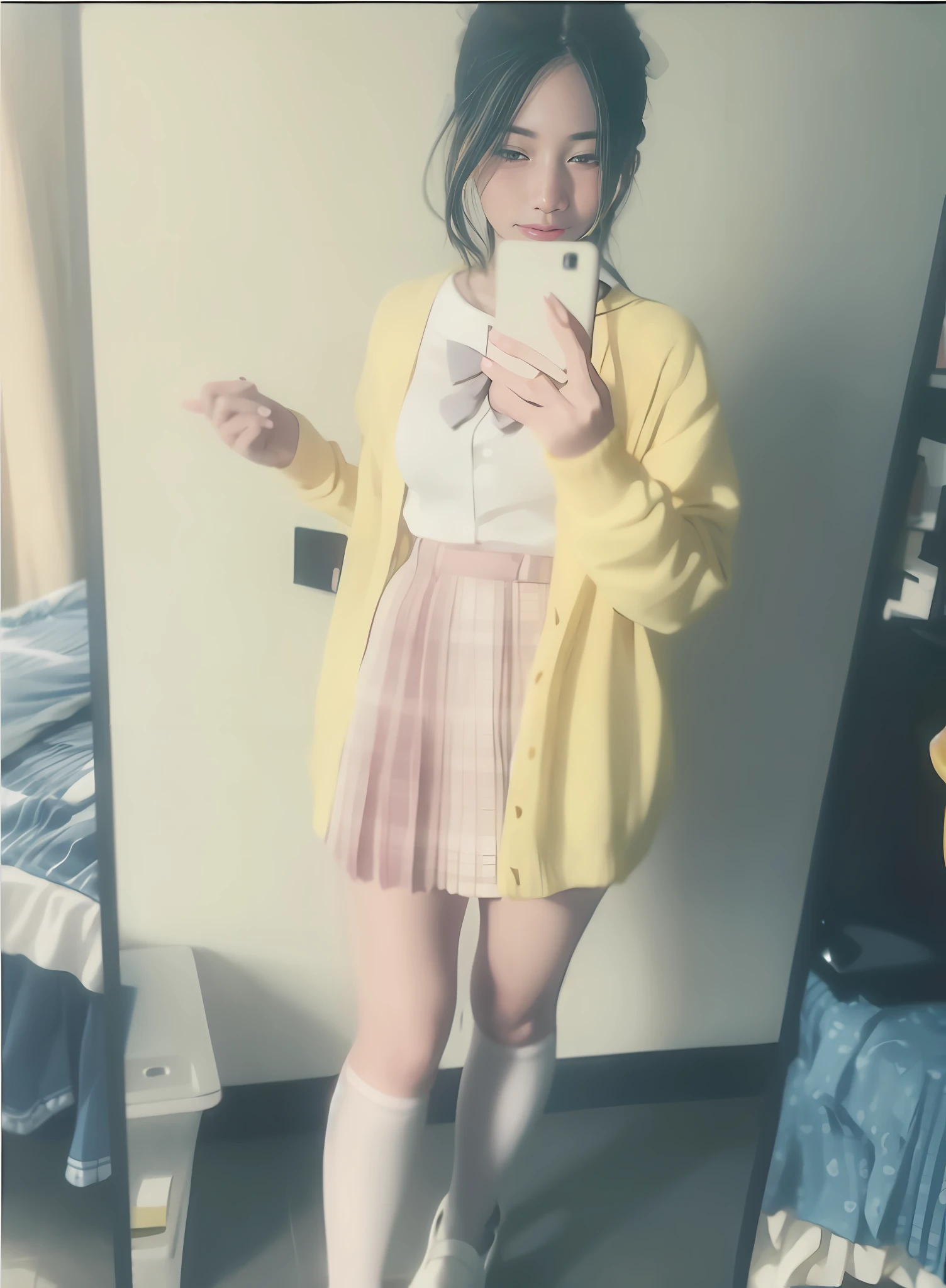 Arad woman in yellow cardigan takes selfie, Magical school student uniform, full bodyesbian!!, outfit photograph, wearing a Japanese school uniform, Anime girl cosplay, dressed as schoolgirl, Japanese school uniform, in school uniform, japanese girl school uniform, Full body picture, Anime girl in real life, full_Body!!, cute female student, DDLC