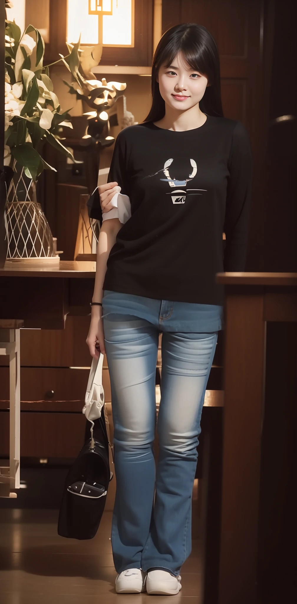 Zhu Ai_Villas,RAW photos,Brand photos,(highdetailskin:1.2),8k ultra high definition,digital SLR camera,gentlesoftlighting,high high quality,filmgrain,富士XT3,20 years old Asian woman,Wear simple clothes,T-shirt and skinny jeans,Detailed clothing details:1.3,perfect body figure,Super detailed facial details and skin,Fair and tender face and skin,二重まぶた,Super detailed eyes,fully body photo