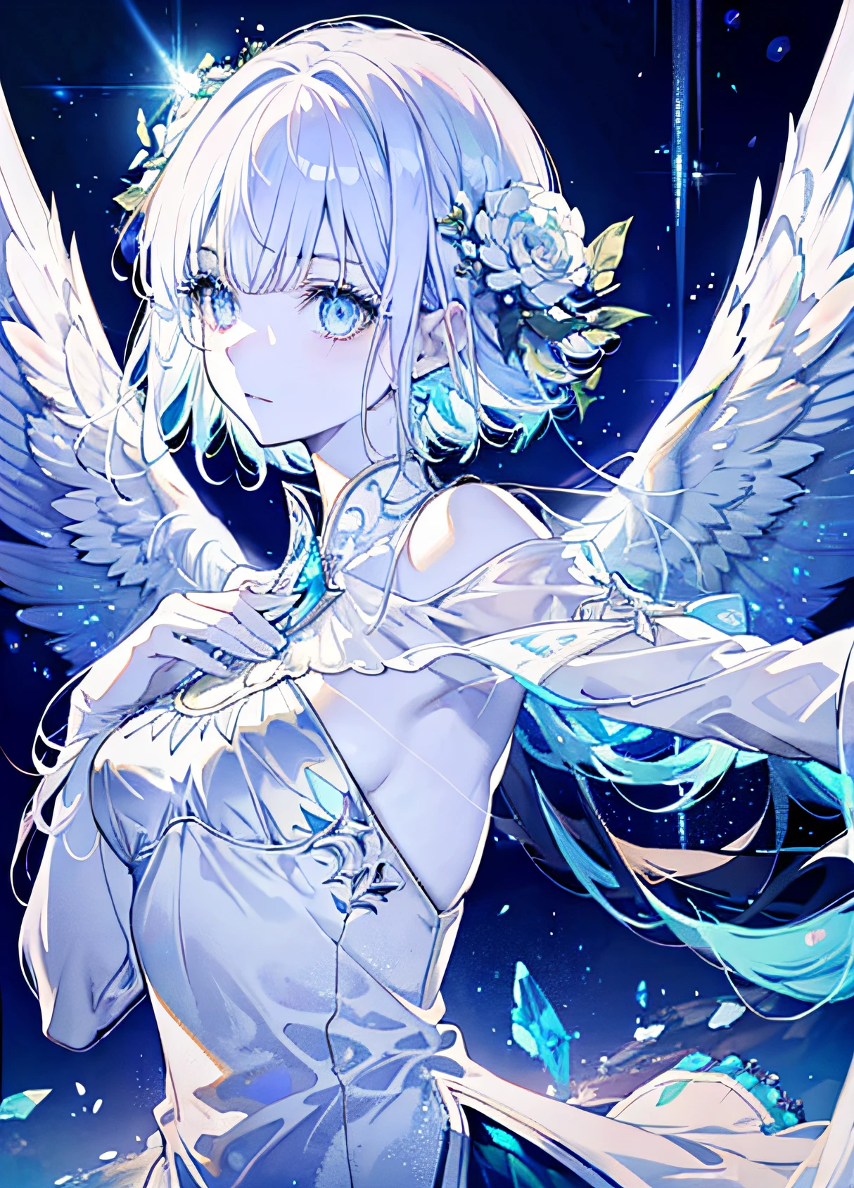 An angel is depicted with a pale and luminous complexion, their skin seemingly glowing with an otherworldly radiance. They are adorned with a pair of sparkling and graceful wings, symbolizing their divine nature. The scene is ethereal and enchanting, capturing the beauty and mystery of these celestial beings. angel, pale, luminous, complexion, glowing, otherworldly, radiance, sparkling, graceful, wings, divine, ethereal, enchanting, beauty, mystery.upper body,