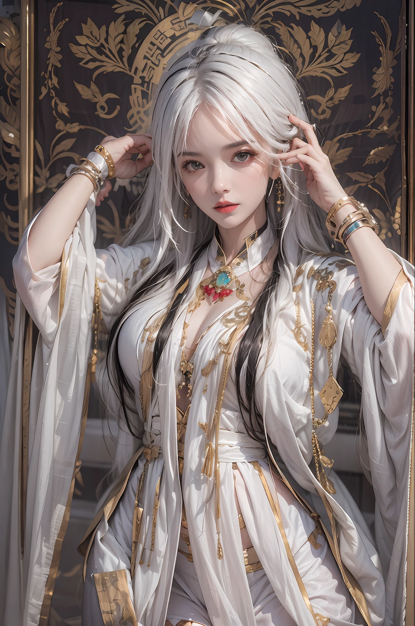 photorealistic, high resolution, 1women, solo, hips up, look at viewer, (detailed face), white hair, long hair, Taoist robe,oversized clothes, jewelry