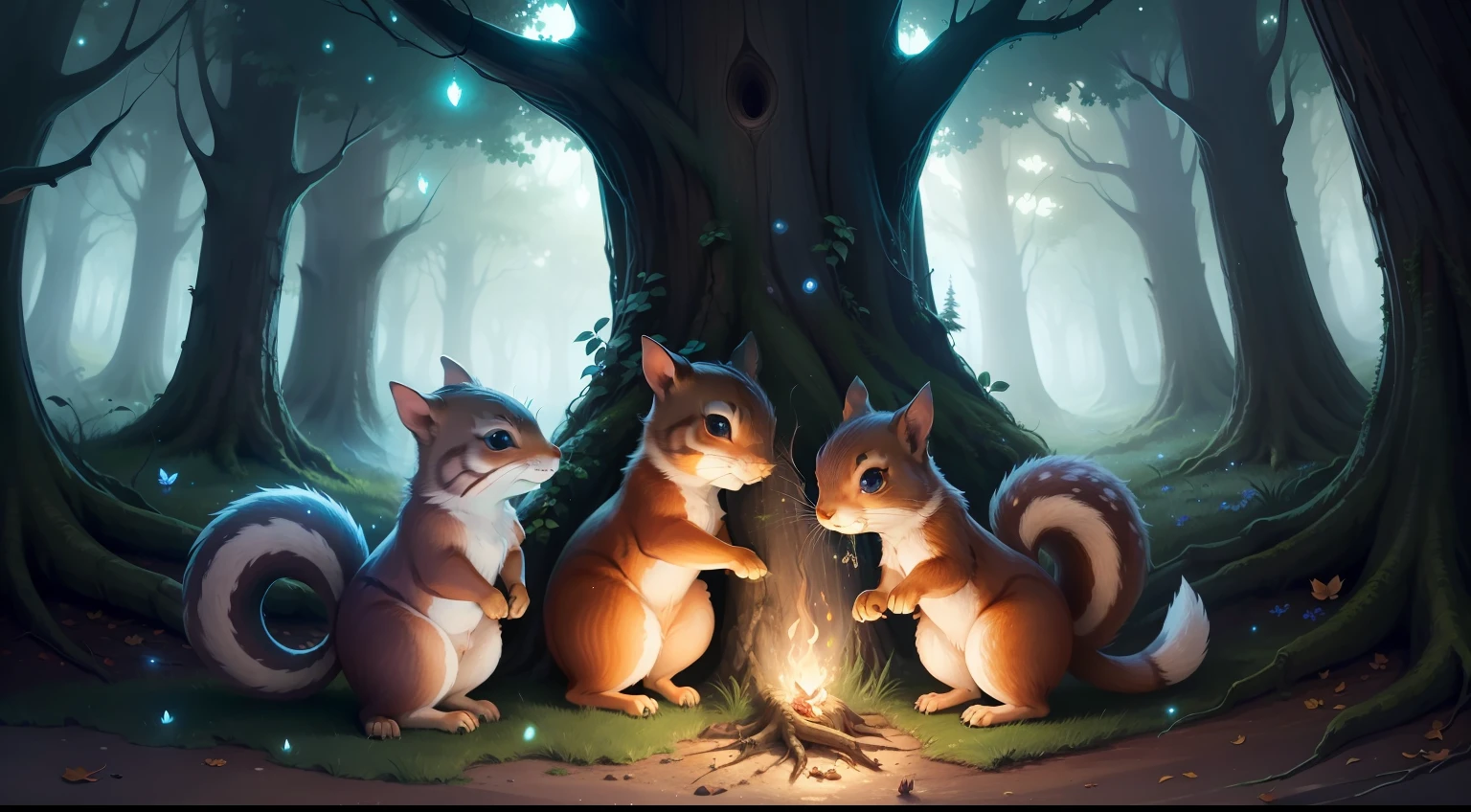 Magical creatures are scattered throughout the image, adding to the sense of wonder and fantasy. Friendly squirrels with sparkling eyes peek out from tree hollows, while fireflies flit around, leaving trails of soft, glowing light.