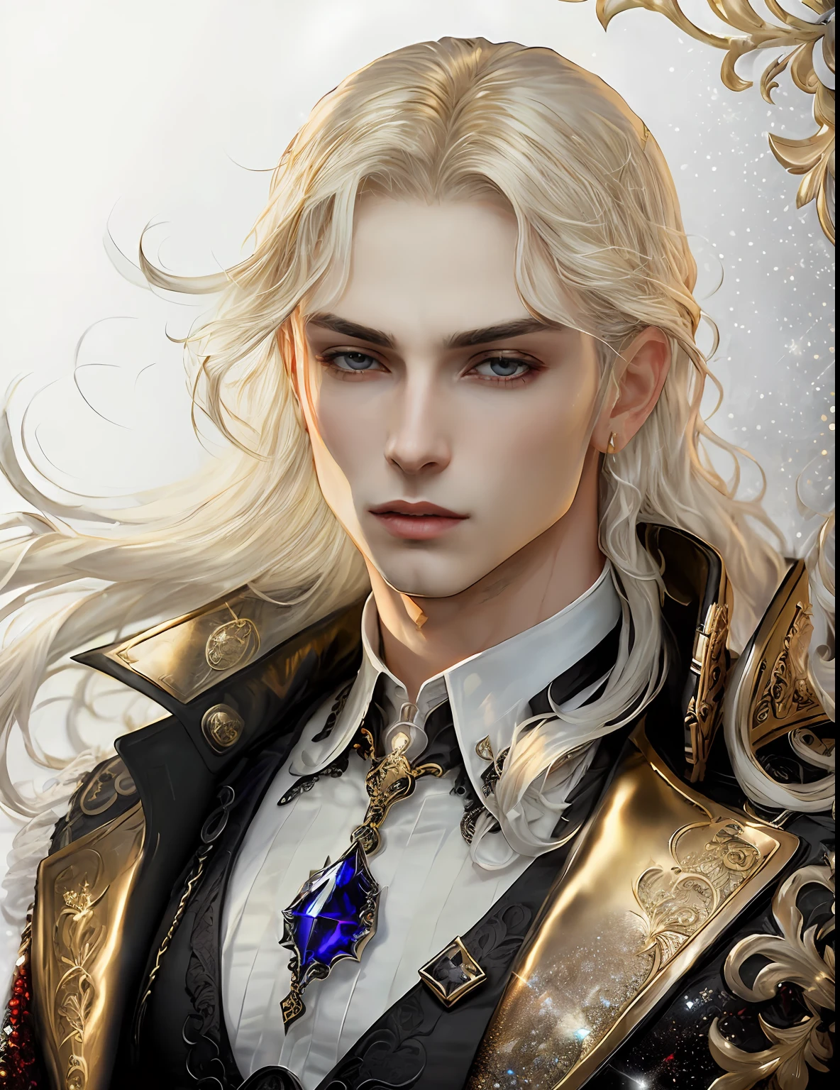 gorgeous male vampire with a perfect balance of masculine and feminine features, stunning long white hair, white and gold tetradic colors, perfect ???????, seductive red eyes, 8k resolution, (Single person), masterpiece, perfect face:1.2), intricate details, gothic Victorian detailed background, ancient, balenciaga, glitter