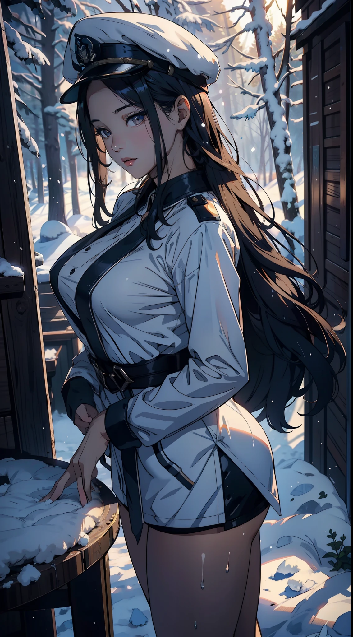 1female,45 yers old,Large breasts,Pornographic exposure, 独奏,(Background with:coniferous forest,at winter season,Snow on the ground) She has long flowing black hair, standing on your feet,Sweat profusely,drenched all over the body,Wearing a military cap,Wearing a white trench coat,From the front side, hair straight, Very long hair,mostly cloudy sky,(((tmasterpiece),(Very detailed CG unity 8K wallpaper),best qualtiy,cinmatic lighting,detailed back ground,beatiful detailed eyes,Bright pupils,(Very fine and beautiful),(Beautiful and detailed eye description),ultra - detailed,tmasterpiece,)),facing at camera,A high resolution,ultra - detailed),Female officers,beautifullegs,revealing breasts,facing at camera