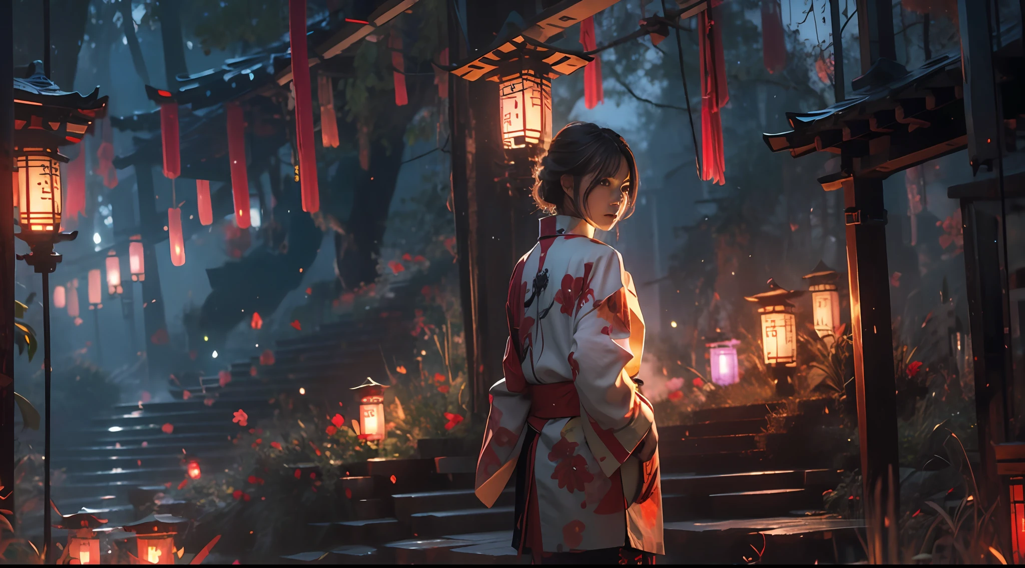 (tmasterpiece:1.2),best qualtiy,realisticlying,Tyndall effect,Underworld marriage,natta, lanterns, The tree, scenecy, exteriors, 1boys, 独奏, brunette color hair, Japanese clothes, from back, malefocus, standing on your feet, east asian architecture, buliding, Skysky, nigh sky, stairways, Back,