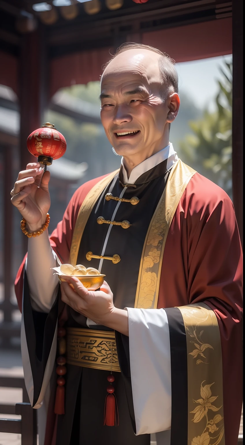 Han Chinese，A balding old man wearing a traditional Chinese cassock，Holding a handful of gold ingots，grin，red colour，jubilation，a cassock，Temple，k hd，真实感，超高分辨率，Prayer beads，fortune，fortune，Wishing you prosperity，money，
