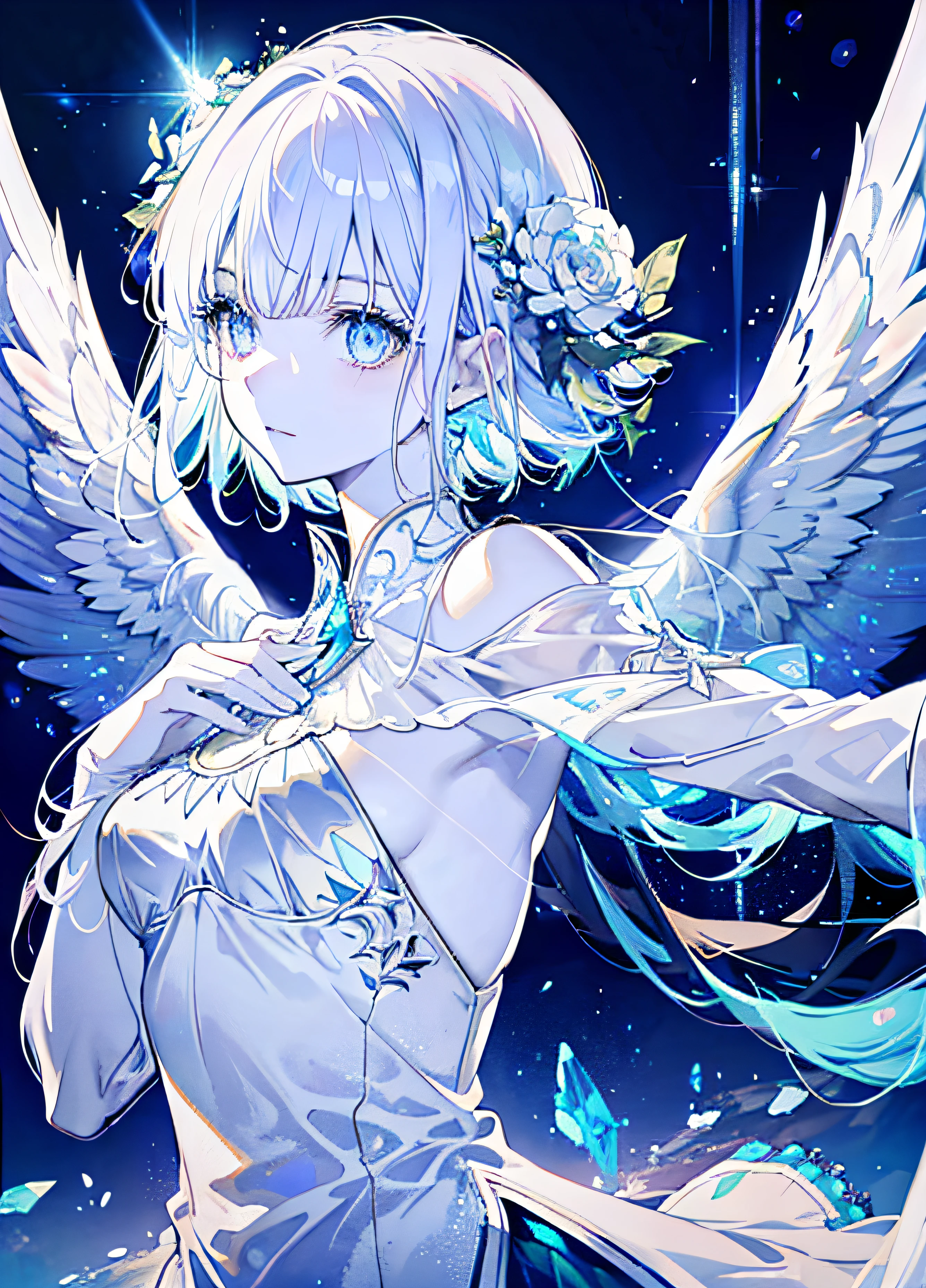 An angel is depicted with a pale and luminous complexion, their skin seemingly glowing with an otherworldly radiance. They are adorned with a pair of sparkling and graceful wings, symbolizing their divine nature. The scene is ethereal and enchanting, capturing the beauty and mystery of these celestial beings. angel, pale, luminous, complexion, glowing, otherworldly, radiance, sparkling, graceful, wings, divine, ethereal, enchanting, beauty, mystery.upper body,