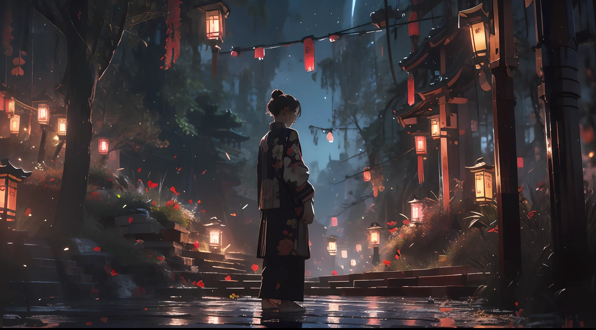 (tmasterpiece:1.2),best qualtiy,realisticlying,Tyndall effect,Underworld marriage,natta, lanterns, The tree, scenecy, exteriors, 1boys, 独奏, brunette color hair, Japanese clothes, from back, malefocus, standing on your feet, east asian architecture, buliding, Skysky, nigh sky, stairways, Back,