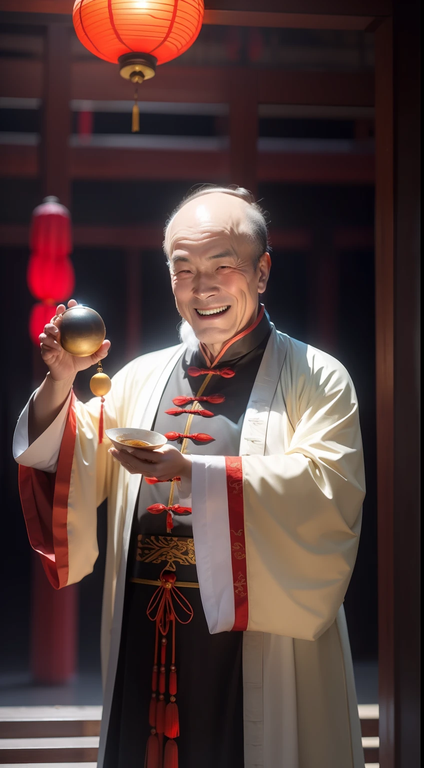 Han Chinese,A balding old man wearing a traditional Chinese cassock,Holding a handful of gold ingots,grin,red colour,jubilation,a cassock,Temple,k hd,真实感,超高分辨率,Prayer beads,fortune,fortune,Wishing you prosperity,money,