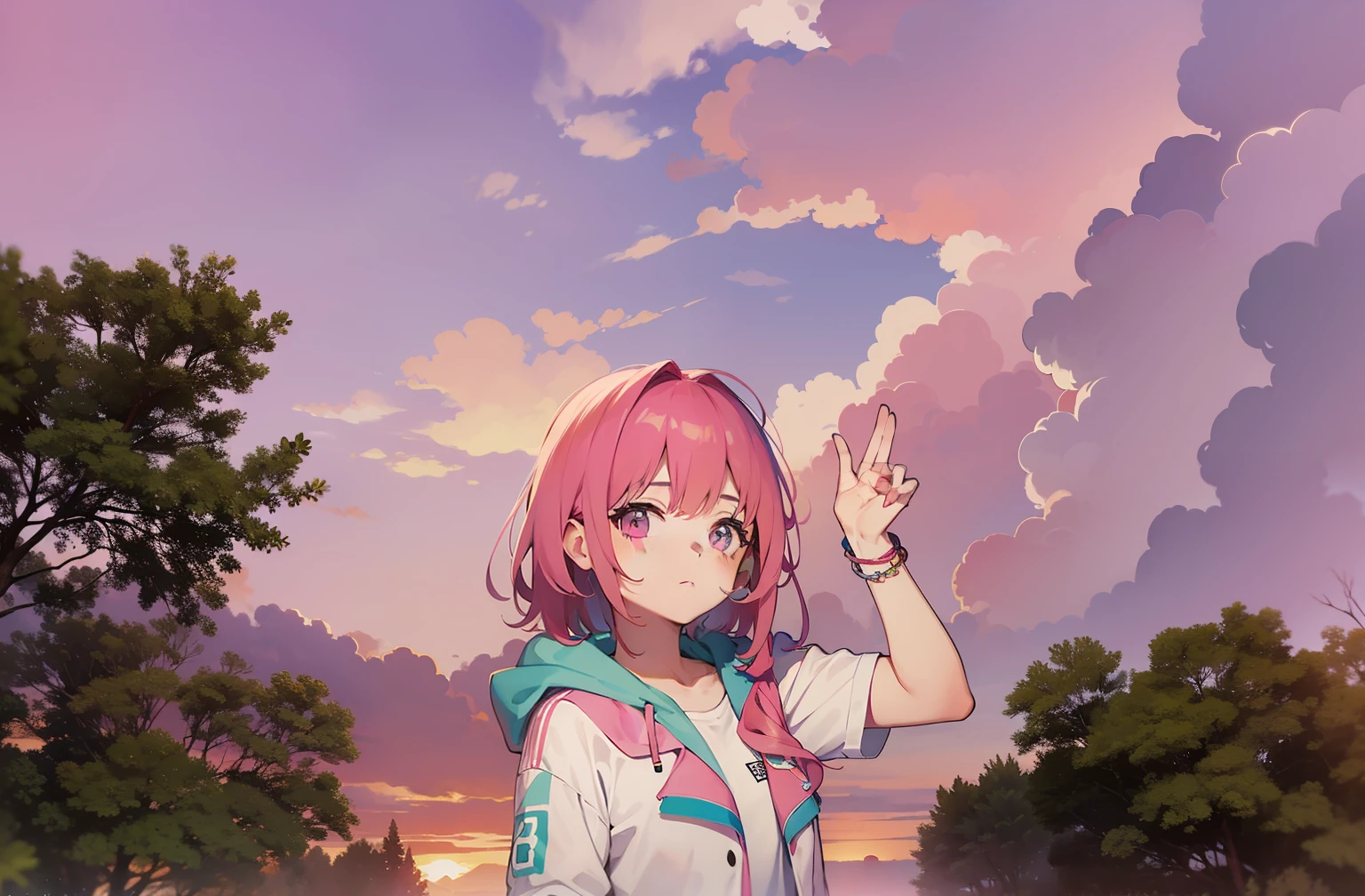 There is a sunny girl with pink hair under the pink sunset