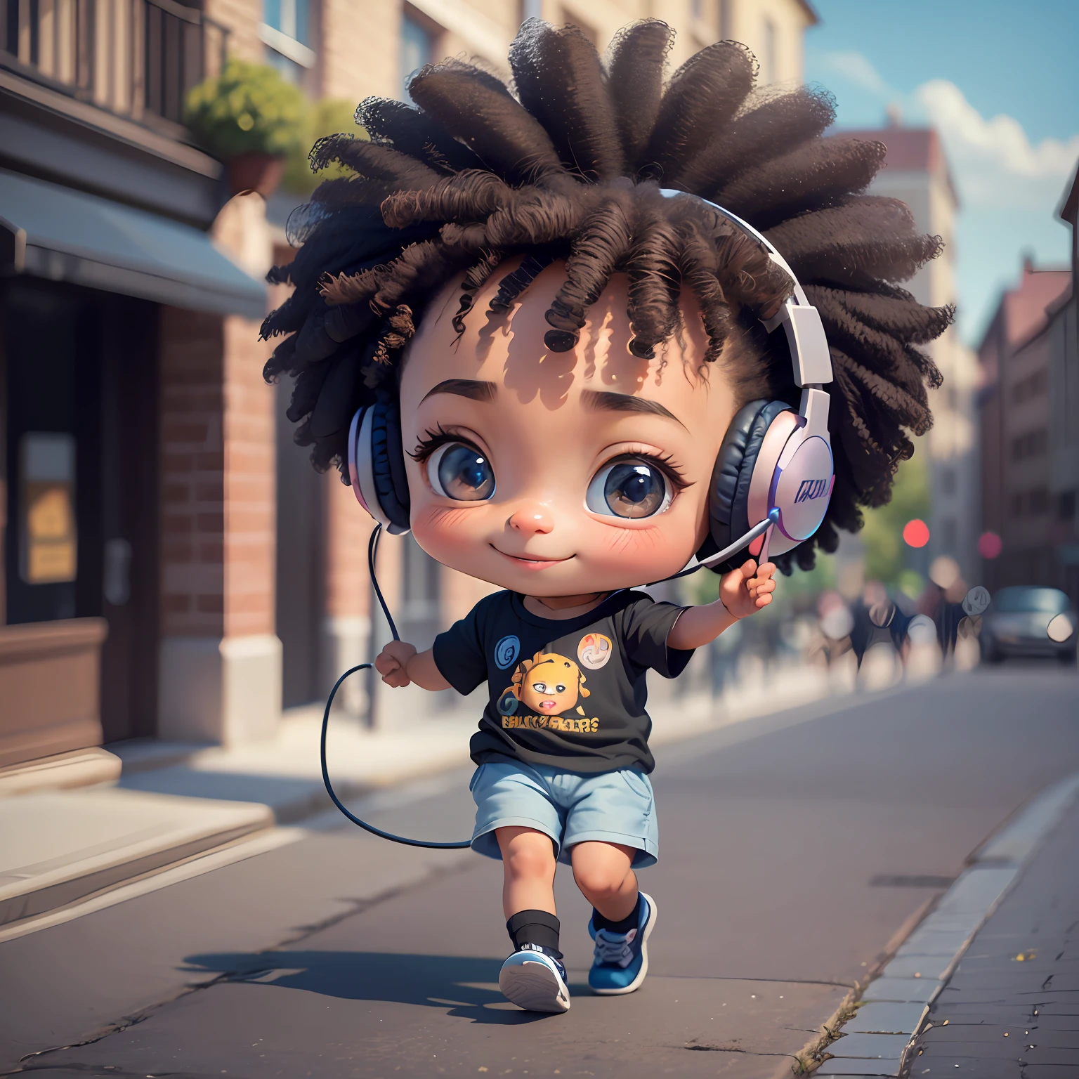 Funny Afro Boy Walking and Dancing 3D Cartoon Sticker, (Sweet Eyes), Child Smile, Cute Young Girl, (((Listening to Music with Headset)))), Cute Smile, Chibi, Cristiano Ronaldo Style, Happy, Big Eyes, Fish Eyes, Joy Affections, Happiness, Pixar Style, Solid Blue Background Color, Cosplay Like Bilbo Baggins Seaart Dreamsharp Model