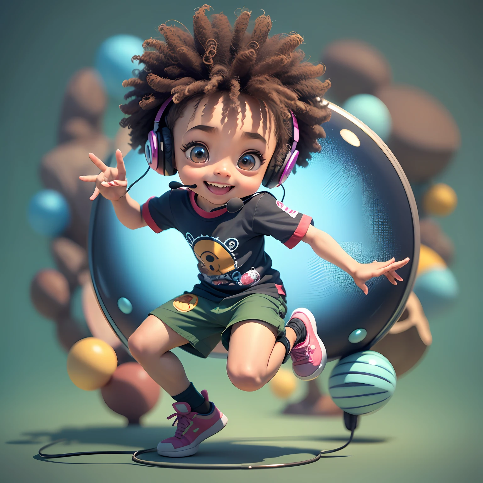 Funny Afro Boy Walking and Dancing 3D Cartoon Sticker, (Sweet Eyes), Child Smile, Cute Young Girl, (((Listening to Music with Headset)))), Cute Smile, Chibi, Cristiano Ronaldo Style, Happy, Big Eyes, Fish Eyes, Joy Affections, Happiness, Pixar Style, Solid Blue Background Color, Cosplay Like Bilbo Baggins Seaart Dreamsharp Model