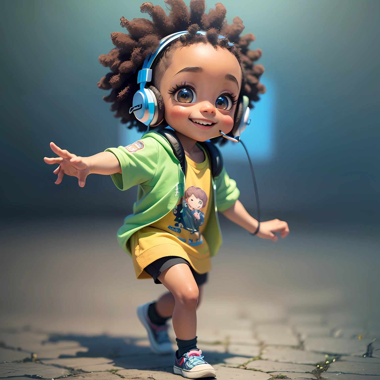 Funny Afro Boy Walking and Dancing 3D Cartoon Sticker, (Sweet Eyes), Child Smile, Cute Young Girl, (((Listening to Music with Headset)))), Cute Smile, Chibi, Cristiano Ronaldo Style, Happy, Big Eyes, Fish Eyes, Joy Affections, Happiness, Pixar Style, Solid Blue Background Color, Cosplay Like Bilbo Baggins Seaart Dreamsharp Model
