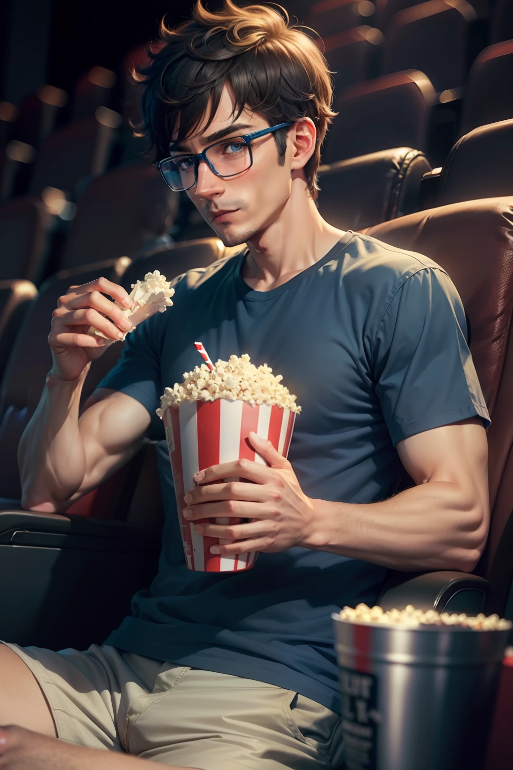 1man, a man holding popcorn sitting in a movie theater, short hair, eating popcorn, cinema, movies, casual shirt, cartoon art, 3D movie glasses blue and red, looking forward