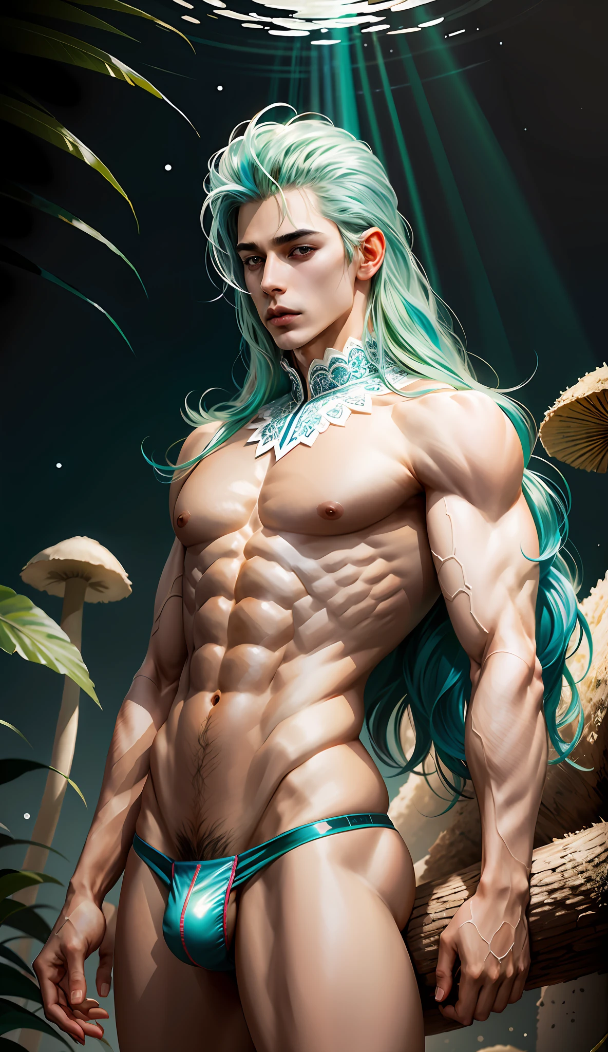 (masterpiece, best quality), man, wearing micro thong, see-through thong, penis sticking out of thong , mushroom water world, wide angle, athletic body, male, iridescent skin, flat chest, silver eyes, green hair styled in spikes, determined expression, bioluminescent lighting, small waist, broad chest, big mane, slim scruffy, muscular , illustration, watercolor ink sketch, (best quality)), intricate detailed,solo, masterpiece,