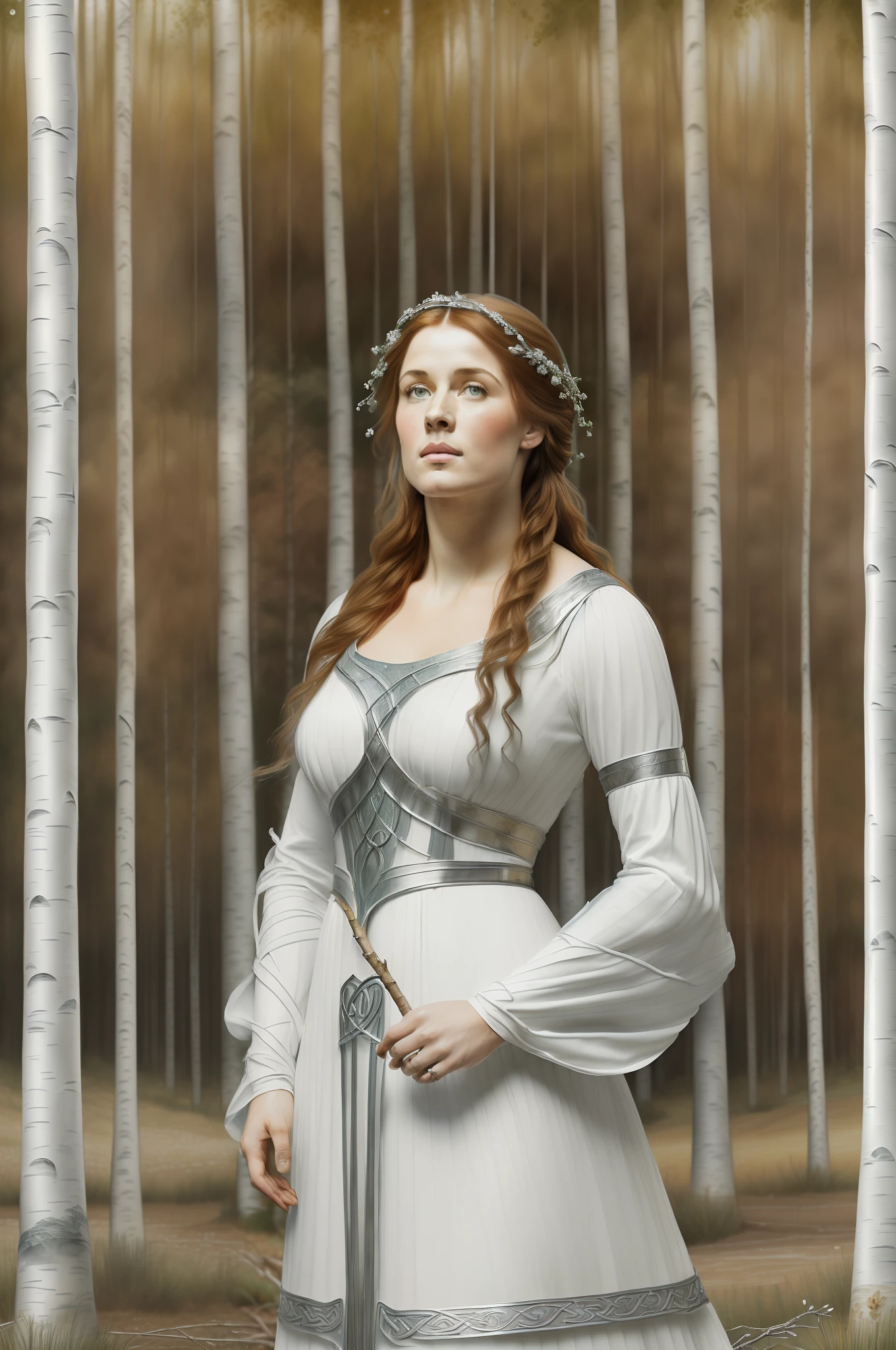 (((birch silver branch. Pre-Raphaelite painting of a Celtic woman in white and silver, segura um ramo de prata, Cabelos louros, in a birch grove, paisagem celta em tons outonais)))