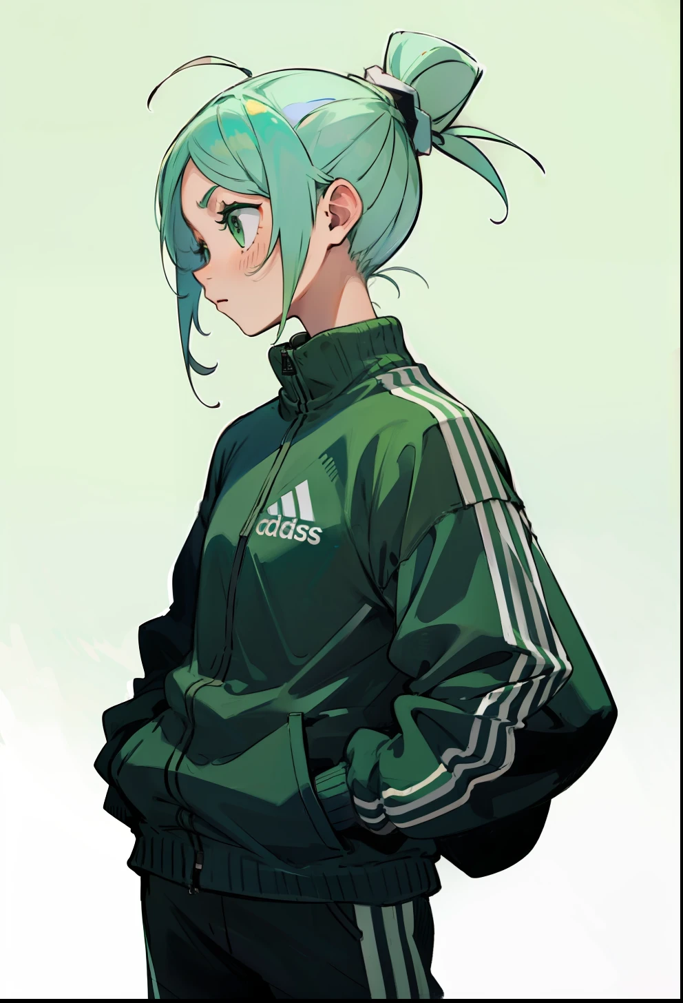 Pastel green hair, 1Girl, Adidas Clothing, stand up, ponytail hair,