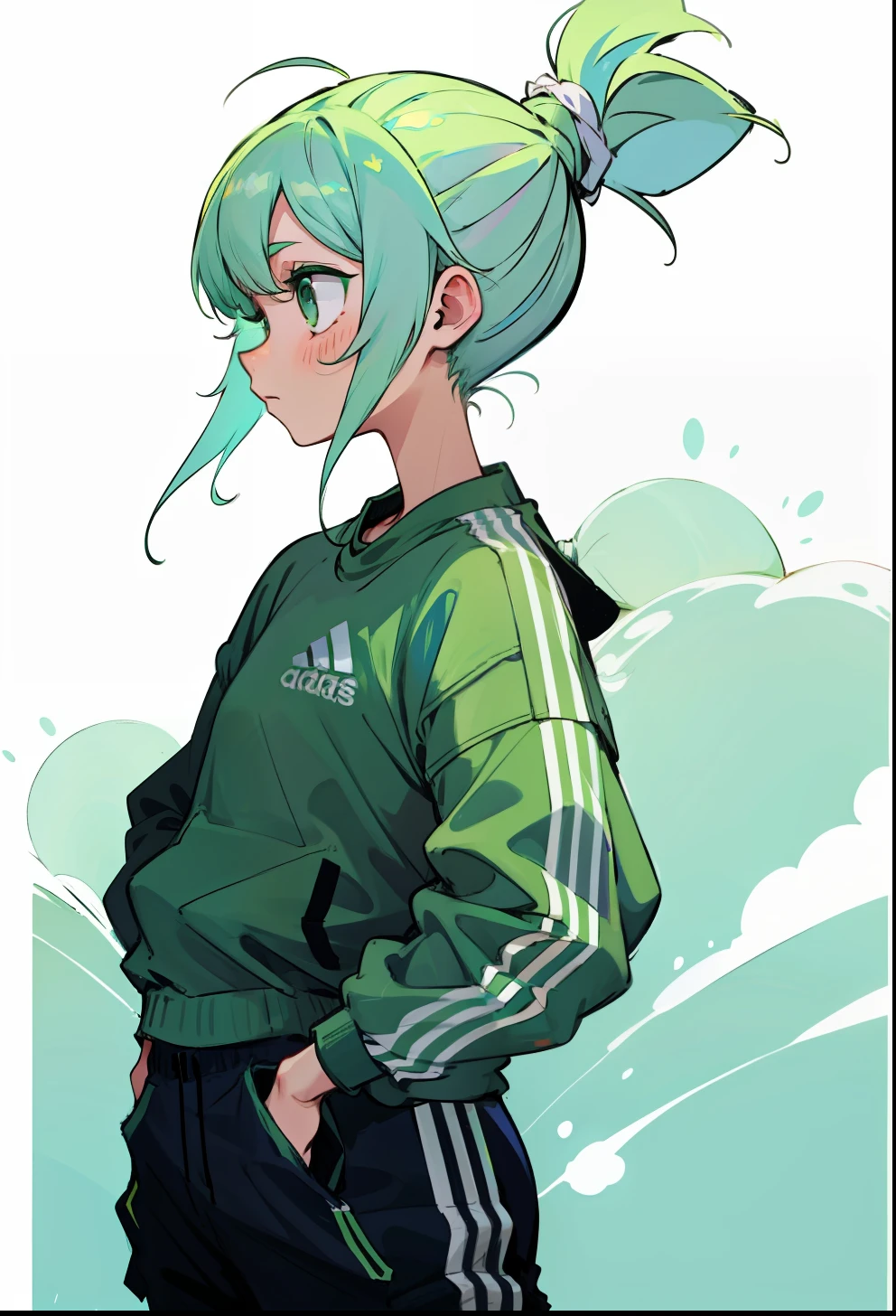 Pastel green hair, 1Girl, Adidas Clothing, stand up, ponytail hair,