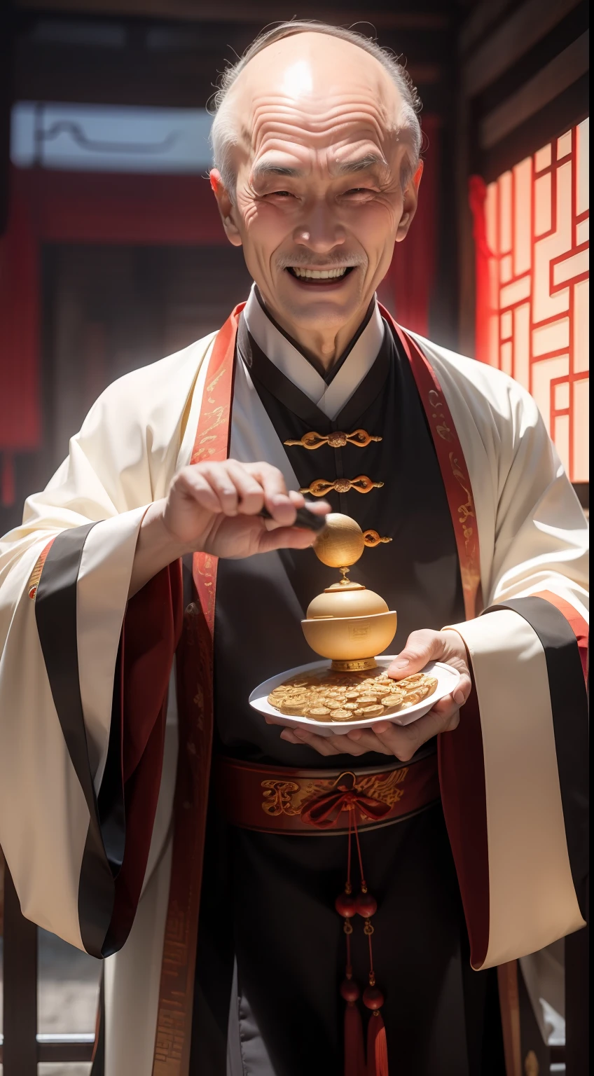 Han Chinese,A balding old man wearing a traditional Chinese cassock,Holding a handful of gold ingots,grin,red colour,jubilation,a cassock,Temple,k hd,真实感,超高分辨率,Prayer beads,fortune,fortune,Wishing you prosperity,money,