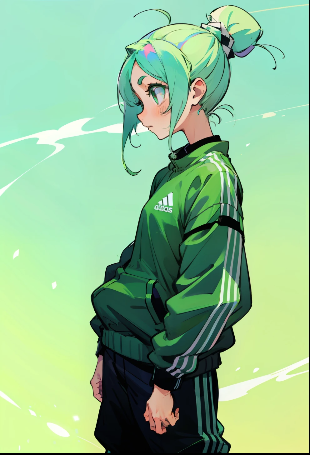 Pastel green hair, 1Girl, Adidas Clothing, stand up, ponytail hair,