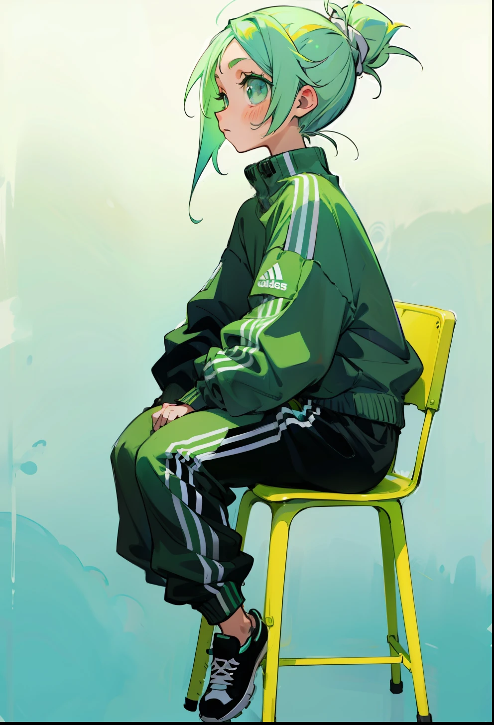 Pastel green hair, 1Girl, Adidas Clothing, Sit down, ponytail hair,