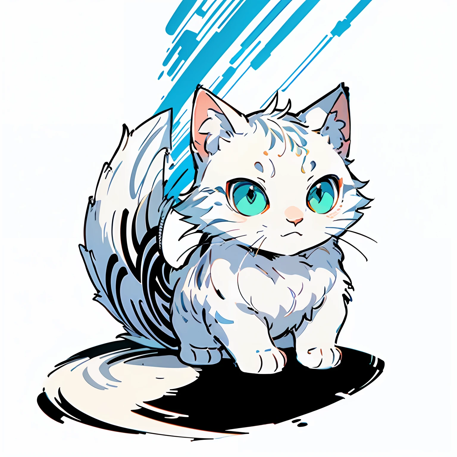 high resolution, 2D line art logo, white mackerel cat, white tabby cat, pale blue background, minimalistic and simple logo, smooth vector illustration, monochrome,