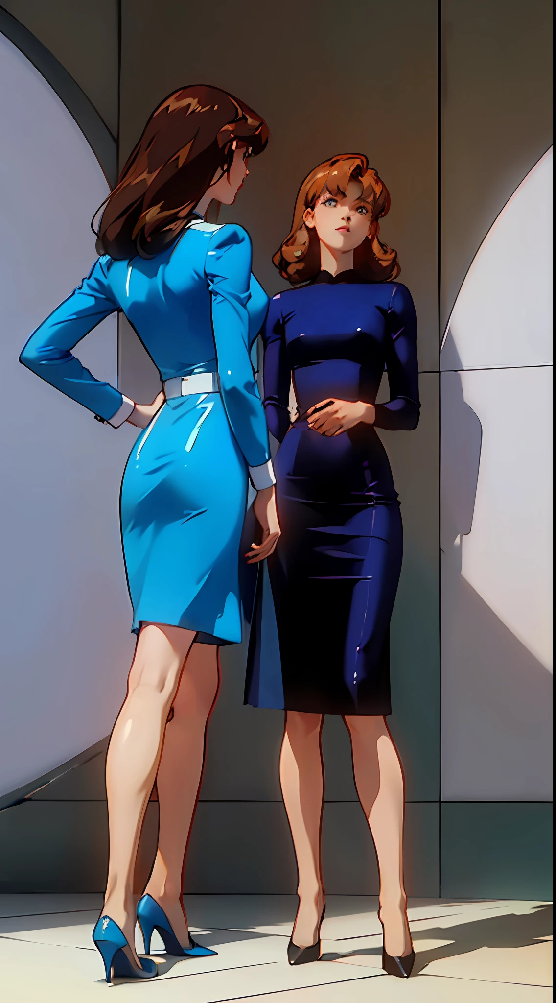3girls, triplets, clones, masterpiece, best quality, extremely detailed 8K wallpaper, skin tight, ultra detailed, volumetric lighting, best anatomy, detailed eyes, beautiful eyes, best shadow, retro artstyle, 1990s (style), anime screencap, screencap, town in the background, ((brunette girls, brown hair, long hair, curly hair, matching hairstyles)), hazel eyes, ((blue dress, matching dresses, matching outfits, high heels)), trio, strutting in lockstep