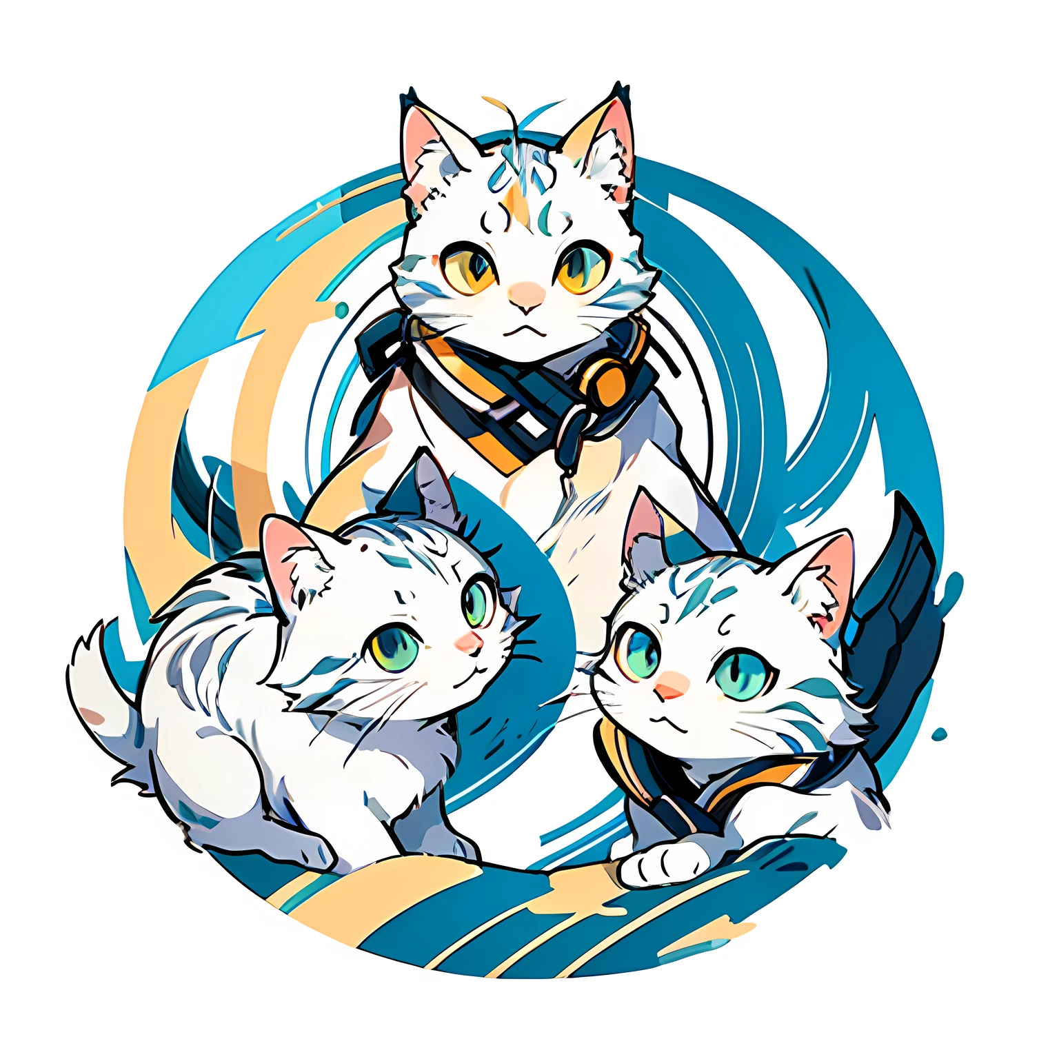 high resolution, 2D line art logo, white mackerel cat, white tabby cat, pale blue background, minimalistic and simple logo, smooth vector illustration, monochrome,