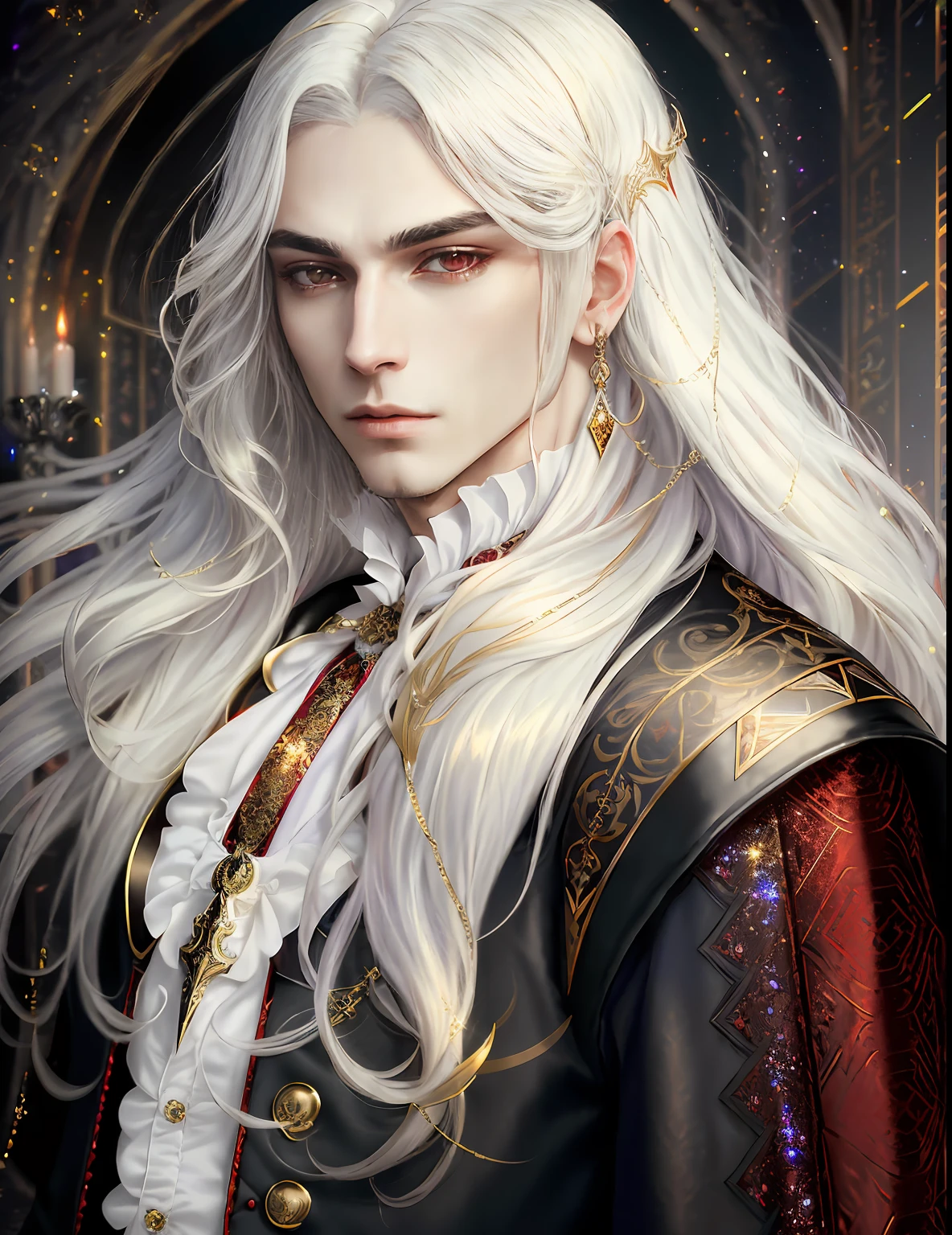 gorgeous male vampire with a perfect balance of masculine and feminine features, stunning long white hair, white and gold tetradic colors, perfect anatomy, seductive red eyes, 8k resolution, (Single person), masterpiece, perfect face:1.2), intricate details, gothic Victorian detailed background, ancient, balenciaga, glitter