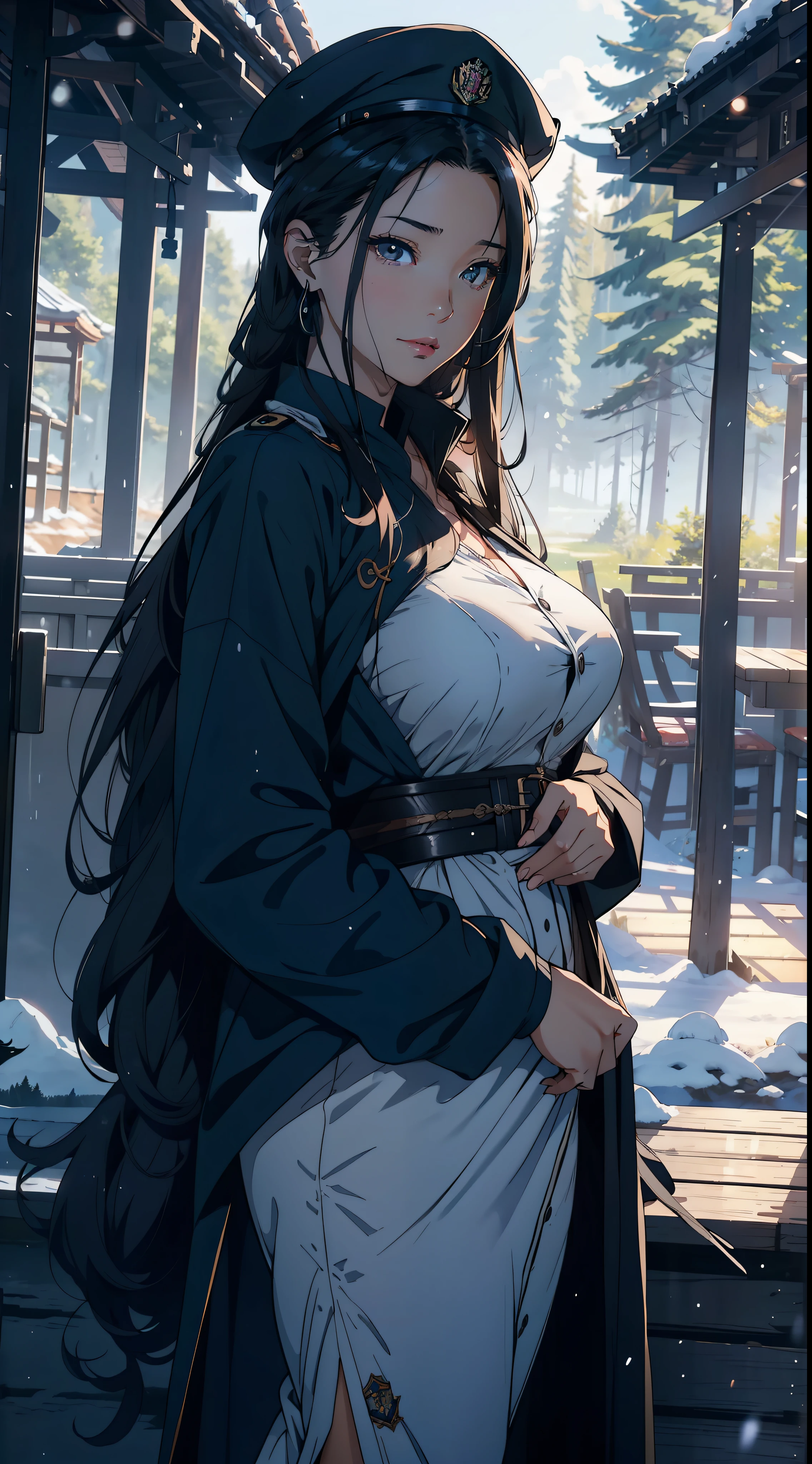 1female，45 yers old，Large breasts，Pornographic exposure， 独奏，（Background with：coniferous forest，at winter season，Snow on the ground）  She has long flowing black hair， standing on your feet，Sweat profusely，drenched all over the body，Wearing a military cap，Wearing a white trench coat，From the front side， hair straight， Very long hair，mostly cloudy sky，（（（tmasterpiece），（Very detailed CG unity 8K wallpaper），best qualtiy，cinmatic lighting，detailed back ground，beatiful detailed eyes，Bright pupils，（Very fine and beautiful），（Beautiful and detailed eye description），ultra - detailed，tmasterpiece，）），facing at camera，A high resolution，ultra - detailed），Female officers，beautifullegs，revealing breasts，facing at camera