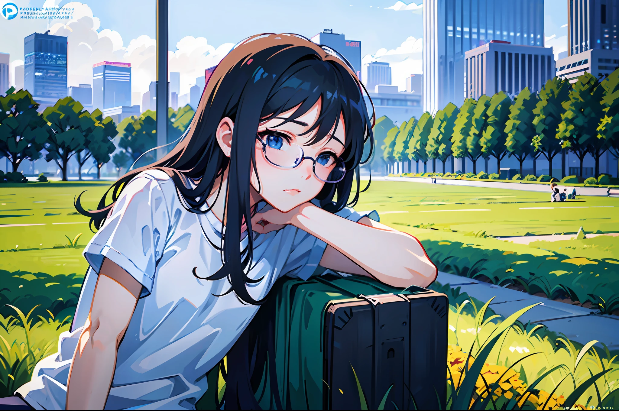 a college girl with glasses sitting on wide grass field, whute dyed hair, white shirt, side view, sad face, tired, city scape lofi portrait, digital anime illustration, detailed digital anime art, anime portrait, anime moe artstyle, realistic anime art style, anime realism style, semirealistic anime style, anime character portrait, high quality anime artstyle