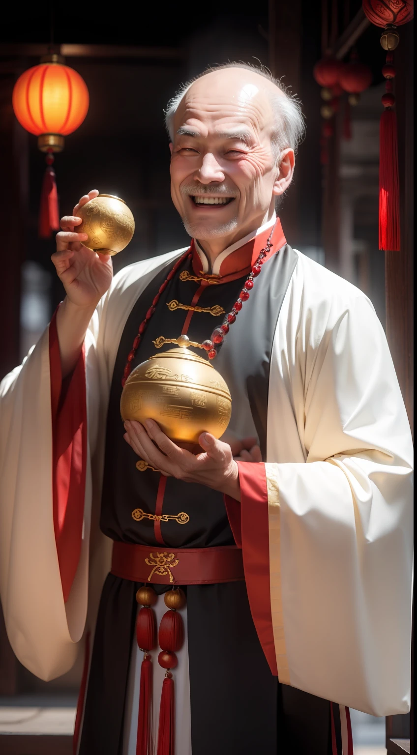 Han Chinese,A balding old man wearing a traditional Chinese cassock,Holding a handful of gold ingots,grin,red colour,jubilation,a cassock,Temple,k hd,真实感,超高分辨率,Prayer beads,fortune,fortune,Wishing you prosperity,money,