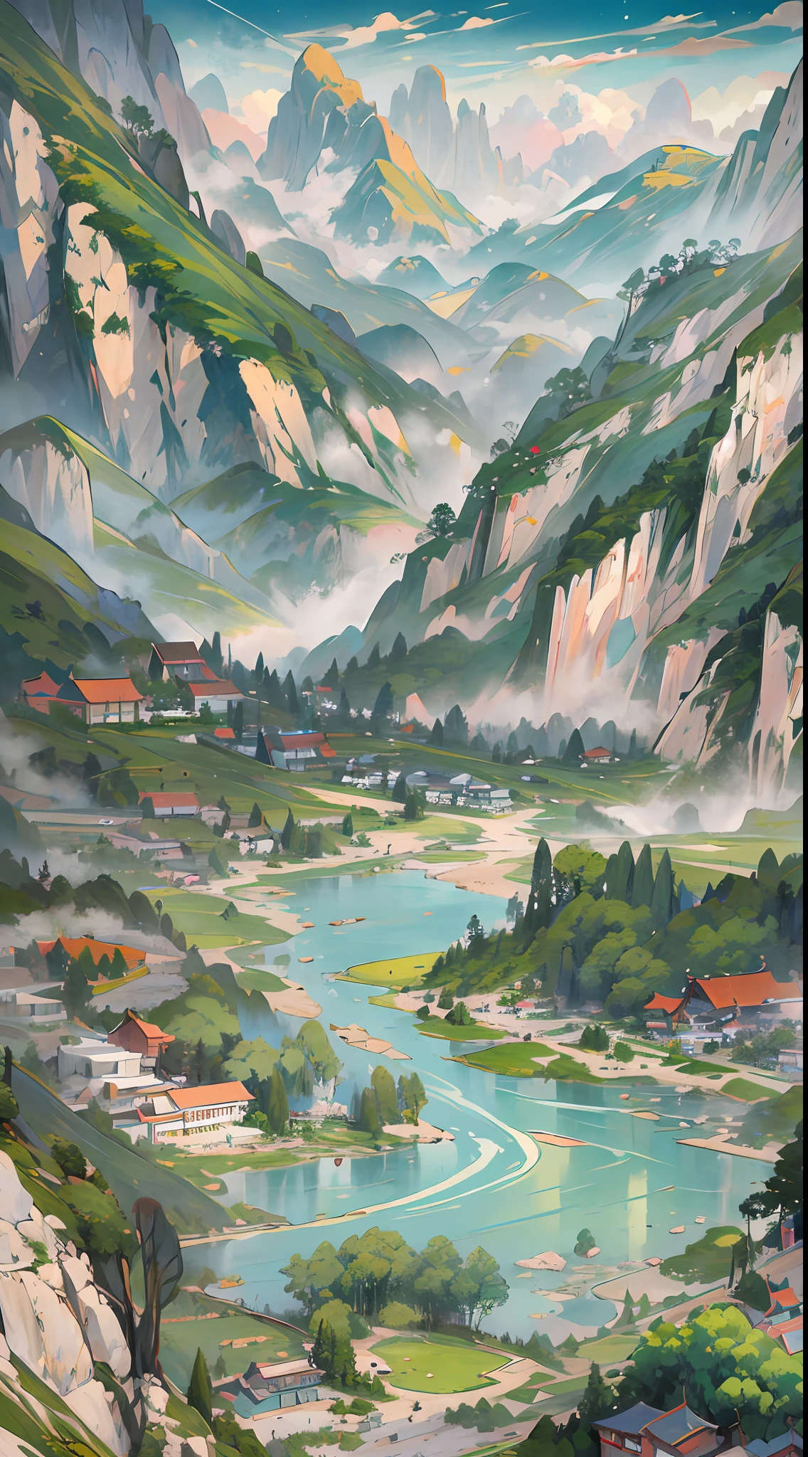 The best quality, masterpiece, koryos, ink bisim, vu changshuo, bonian, real banqiao, badasan people,
mountain horizon, river, forest, village,