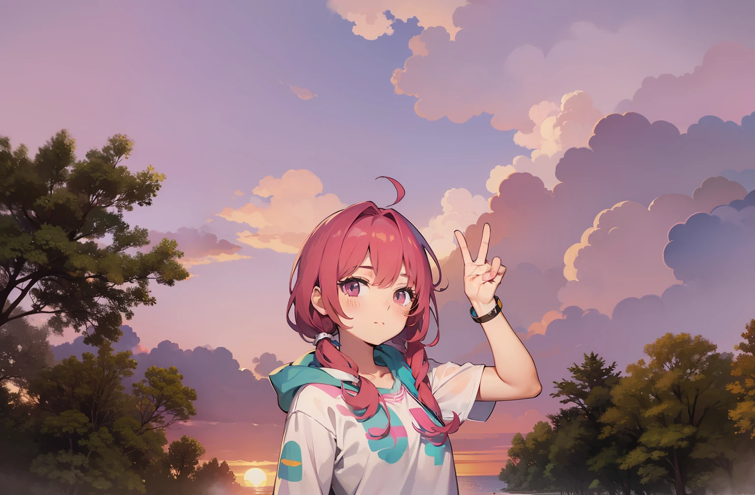 There is a sunny girl with pink hair under the pink sunset