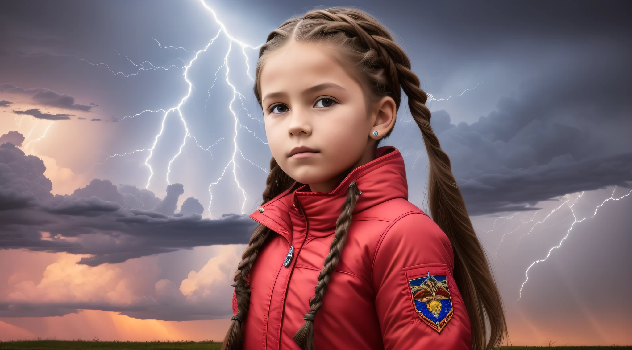 Girl , Russian ruivas in braids, com roupa de jaqueta de couro vermelha, fundo storm, ride into the storm, thunderbolt.