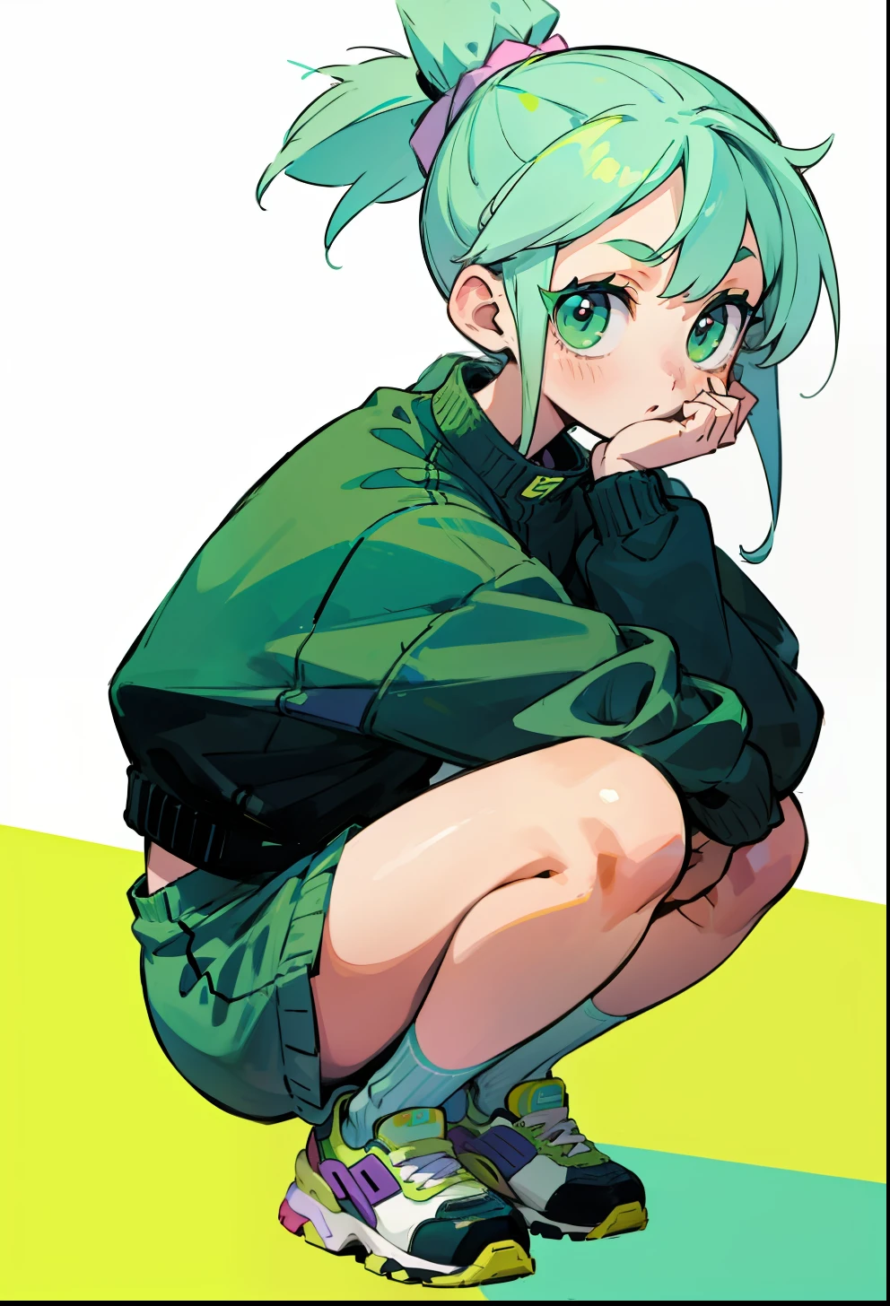 Pastel green hair, 1Girl, New Balance Apparel, squat down, ponytail hair,